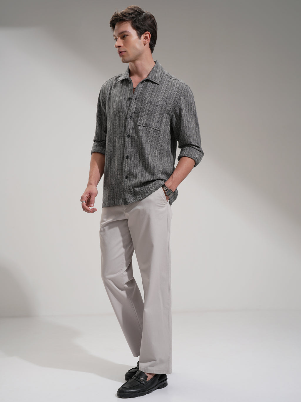 Highlander Men Grey Self Design Oversized Fit Casual Shirt - Grey - Image 2