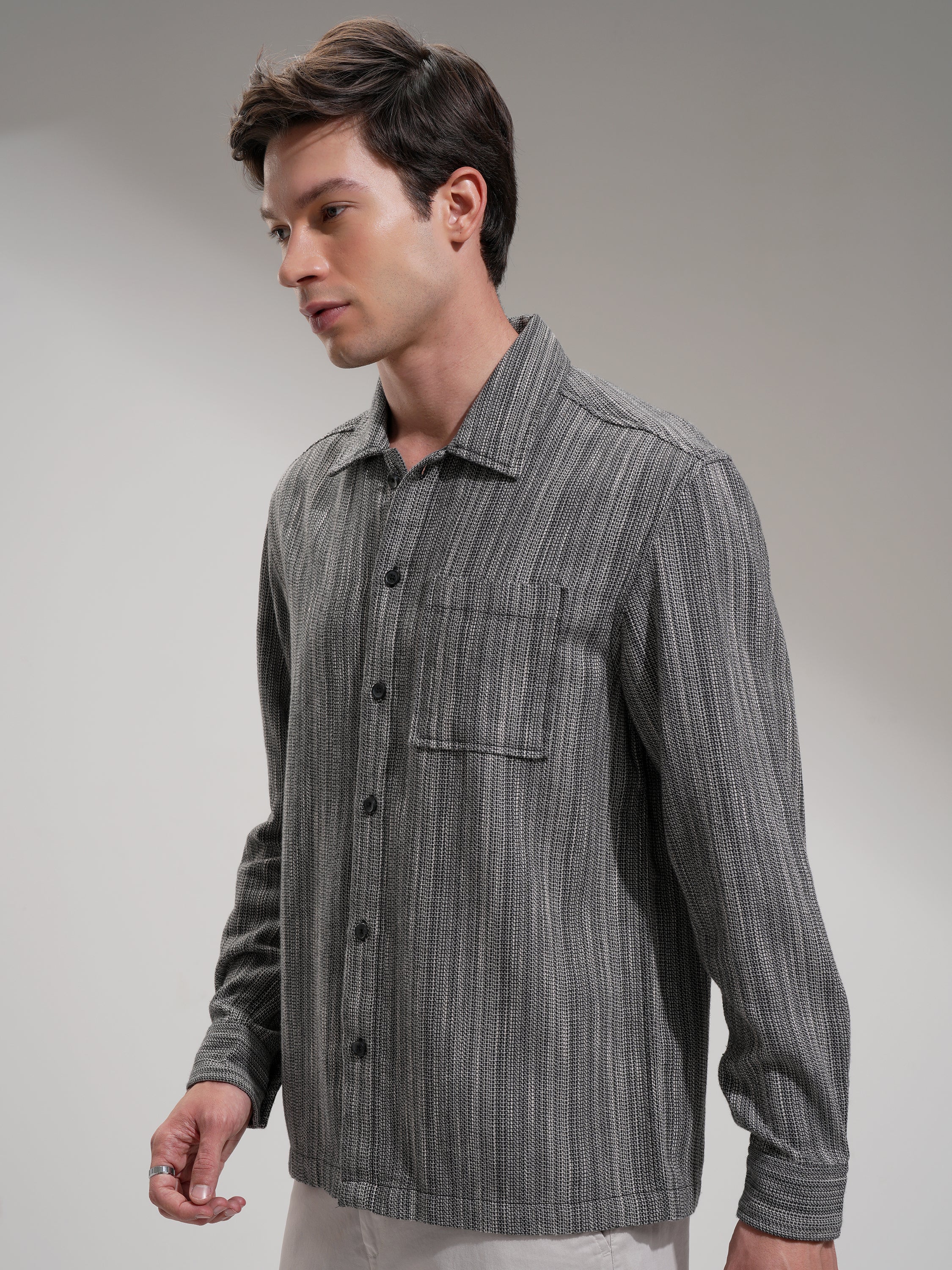 Highlander Men Grey Self Design Oversized Fit Casual Shirt - Grey - Image 4