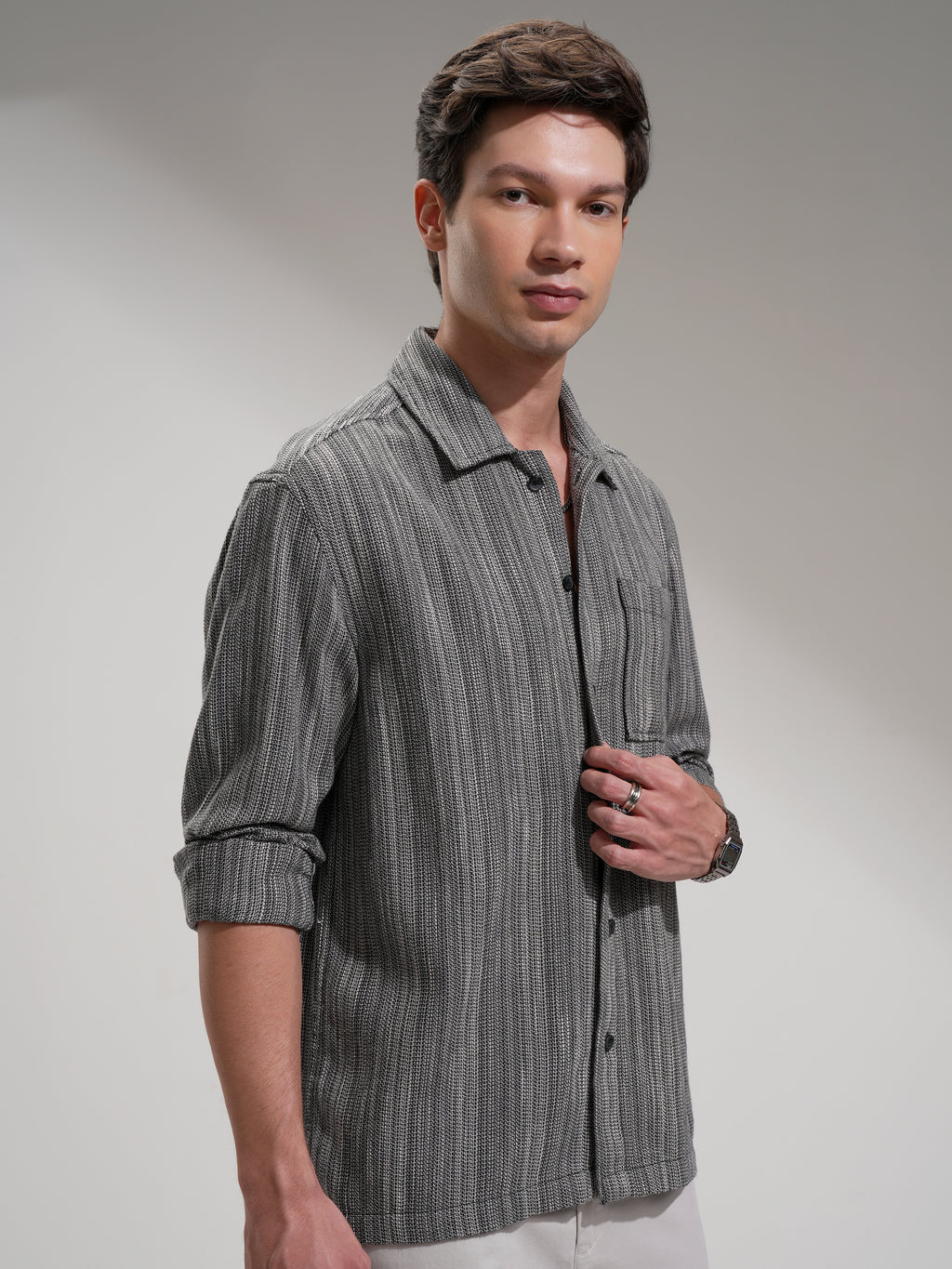 Highlander Men Grey Self Design Oversized Fit Casual Shirt - Grey - Image 6