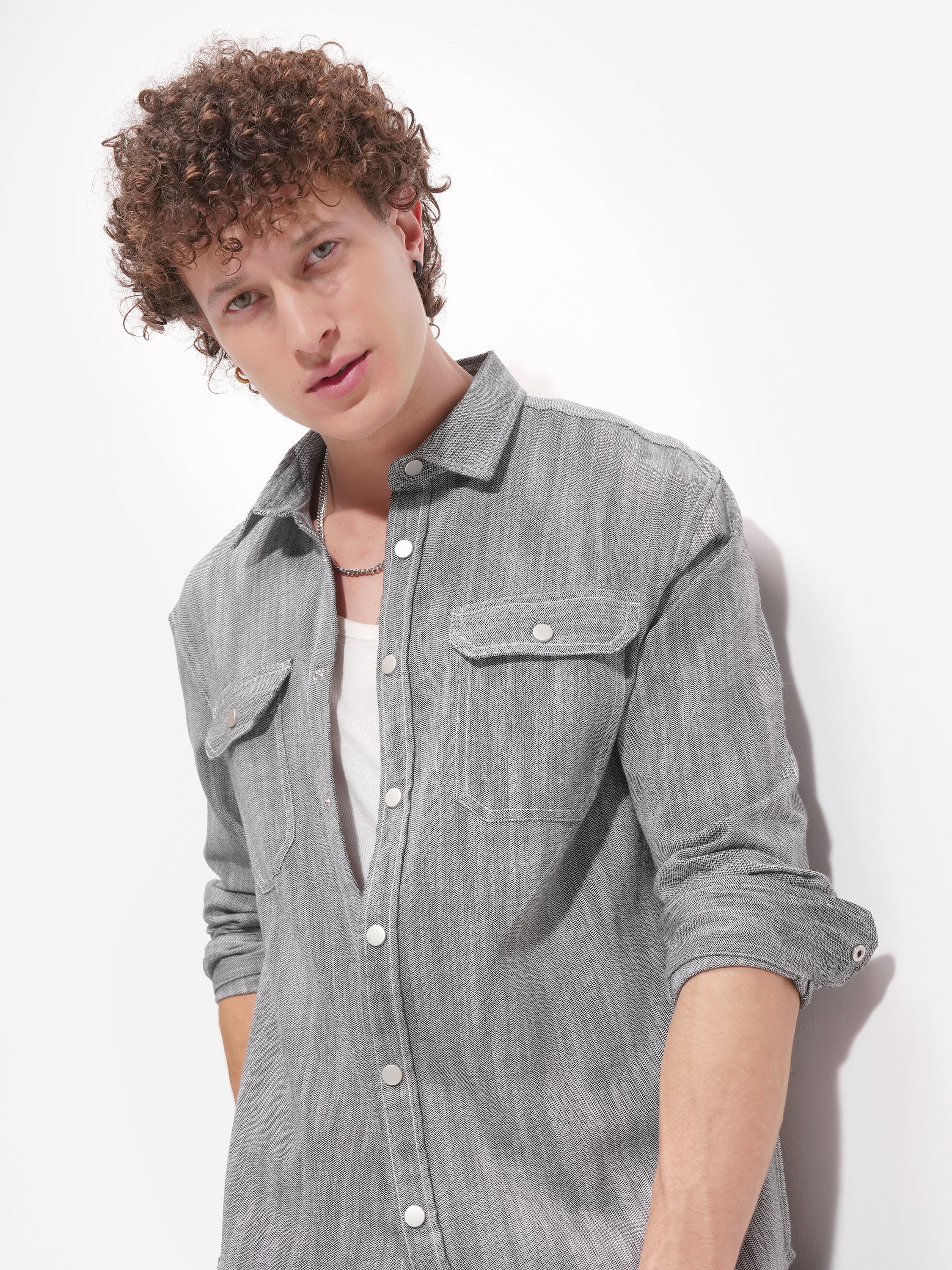 Highlander Men Grey Self Design Oversized Fit Casual Shirt - Grey - Image 1