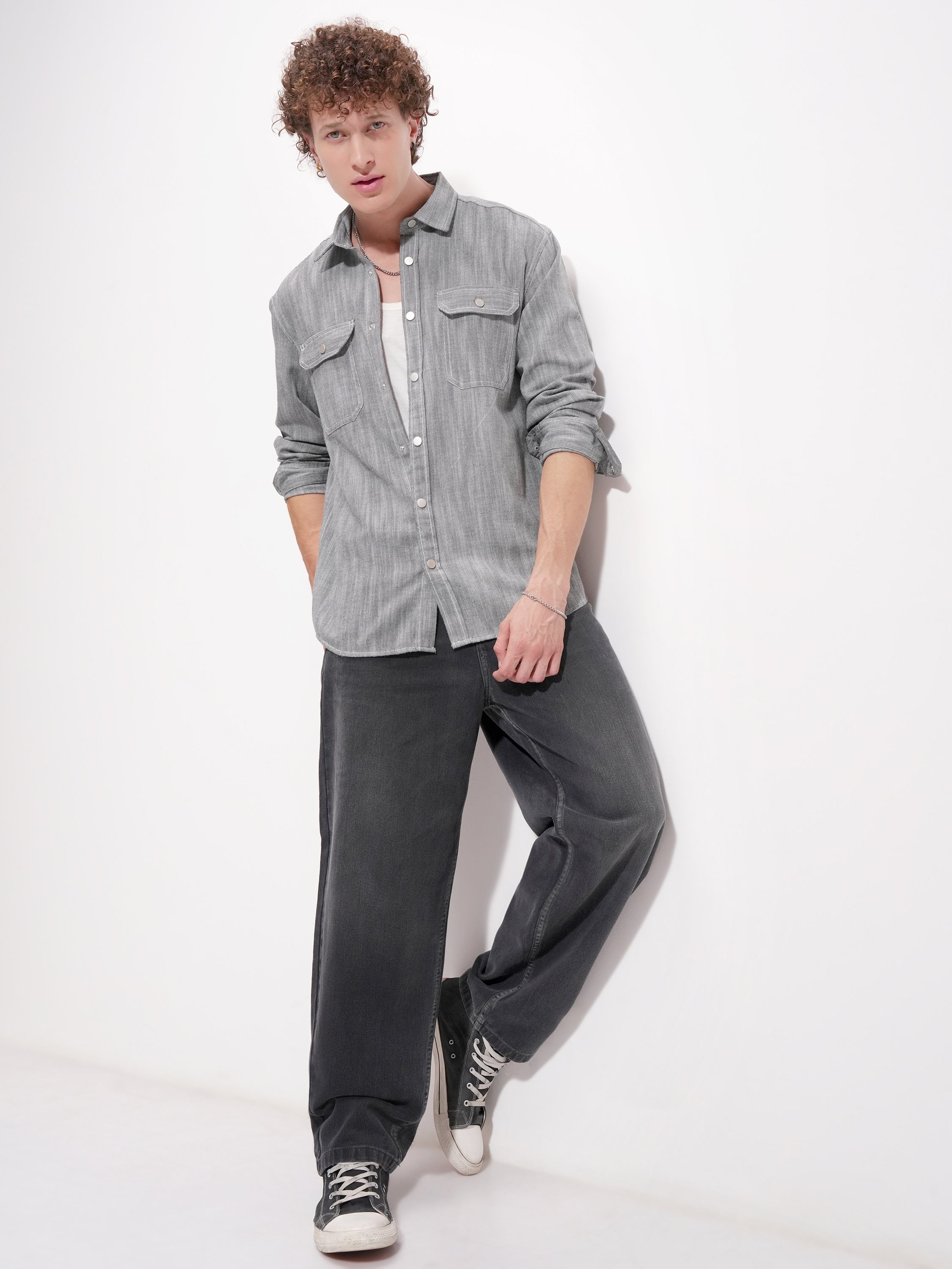 Highlander Men Grey Self Design Oversized Fit Casual Shirt - Grey - Image 2
