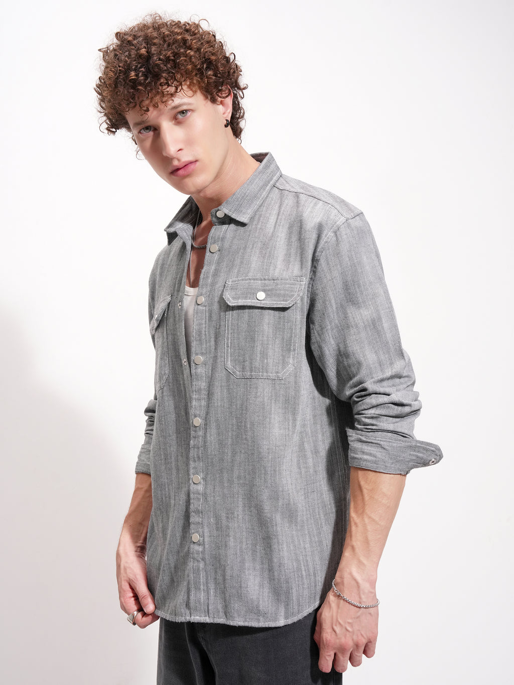Highlander Men Grey Self Design Oversized Fit Casual Shirt - Grey - Image 4