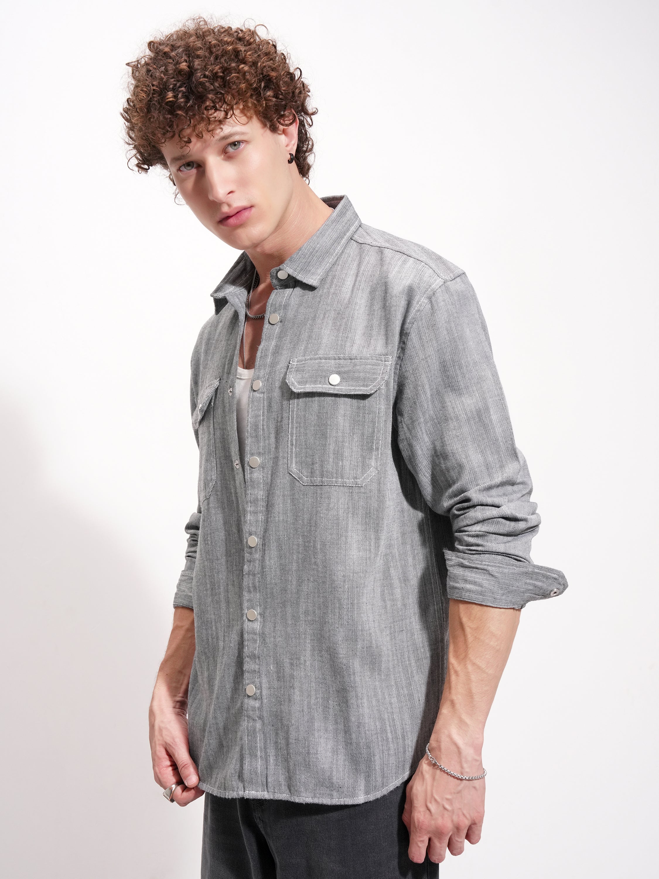 Highlander Men Grey Self Design Oversized Fit Casual Shirt - Grey - Image 4