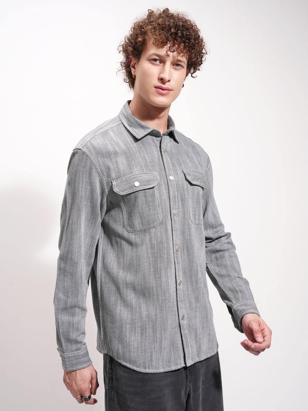 Highlander Men Grey Self Design Oversized Fit Casual Shirt - Grey - Image 6