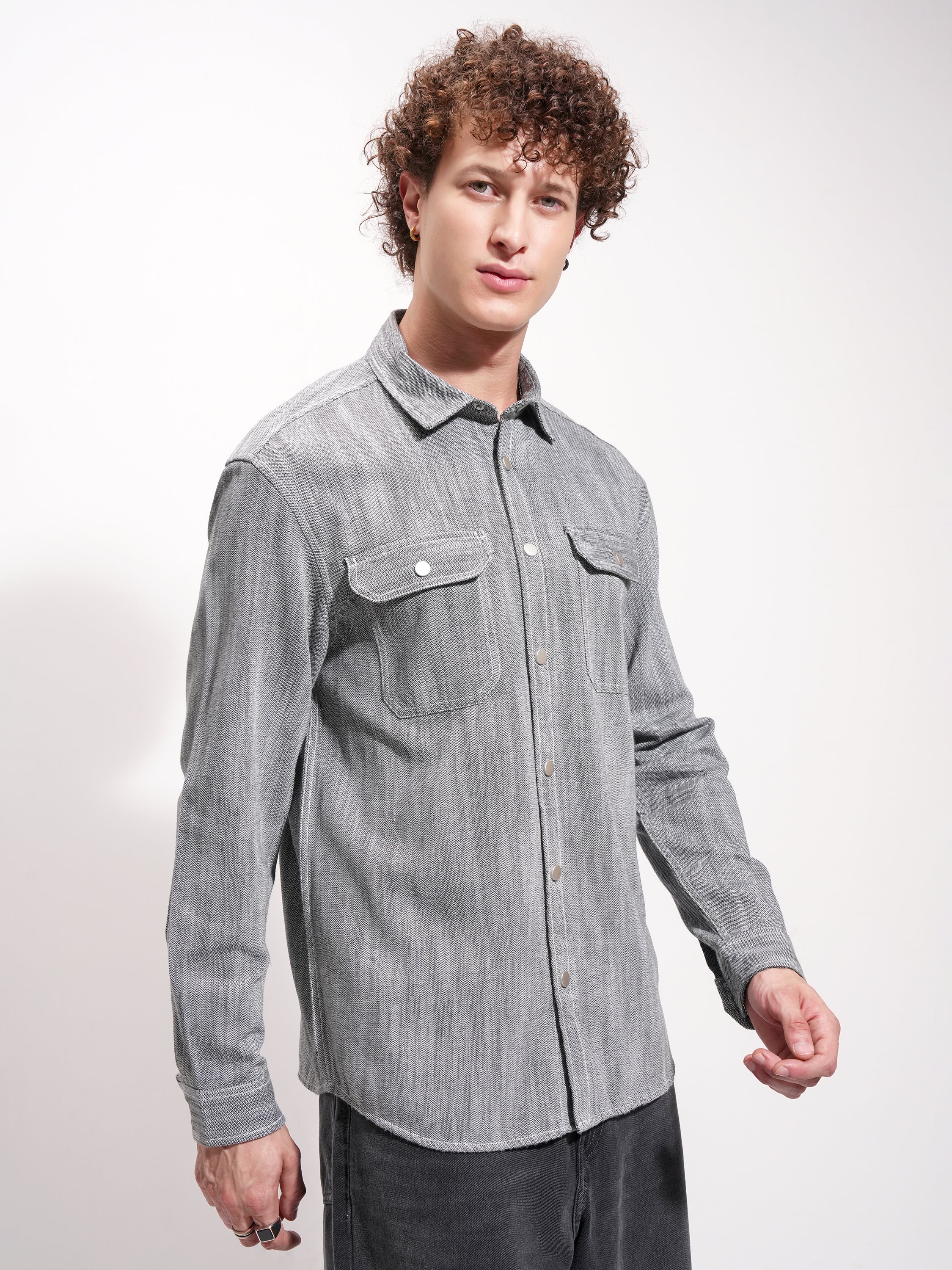 Highlander Men Grey Self Design Oversized Fit Casual Shirt - Grey - Image 6