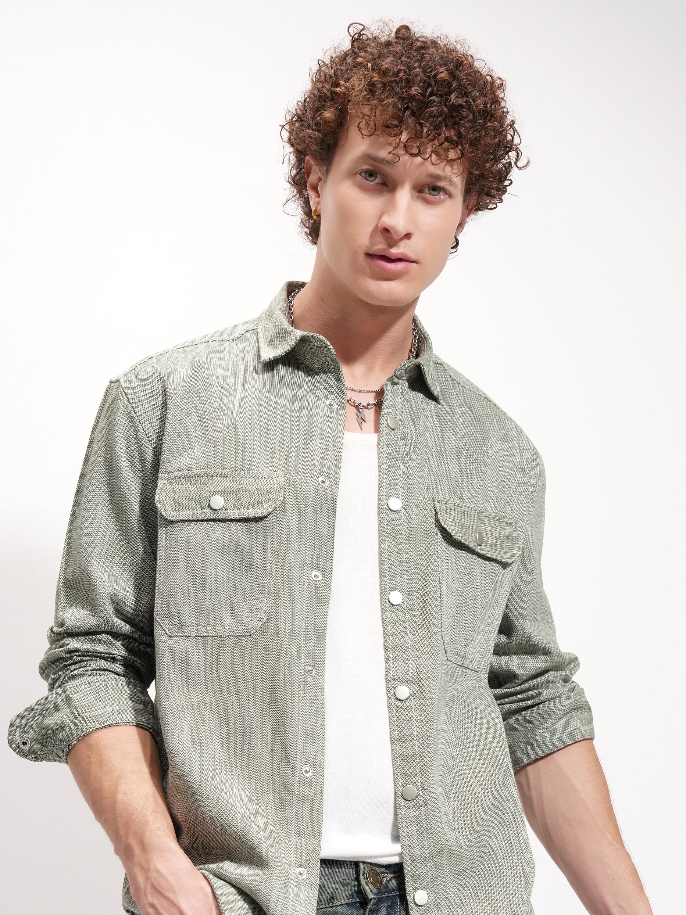 Highlander Men Olive Self Design Oversized Fit Casual Shirt - Olive - Image 1