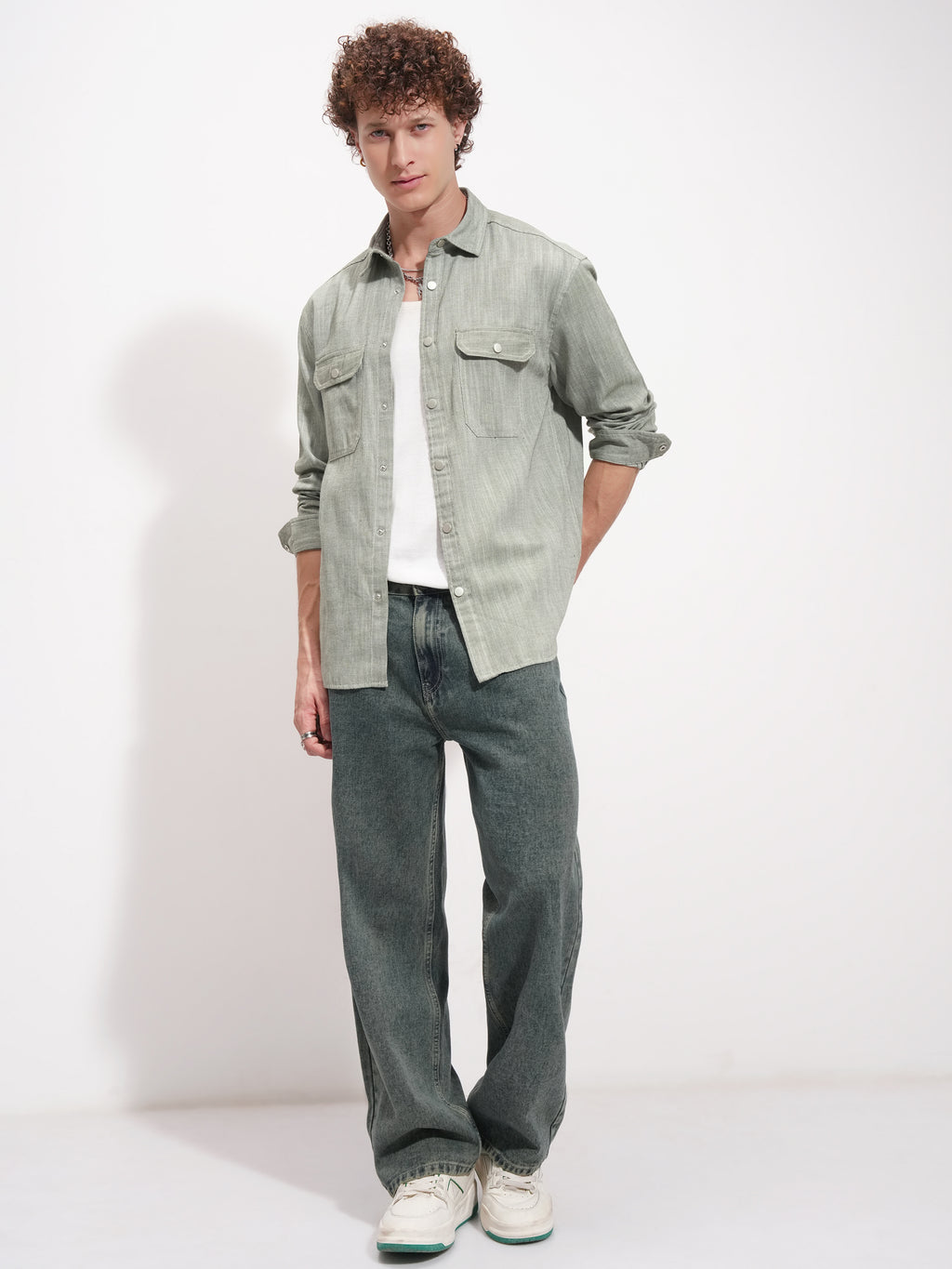 Highlander Men Olive Self Design Oversized Fit Casual Shirt - Olive - Image 2
