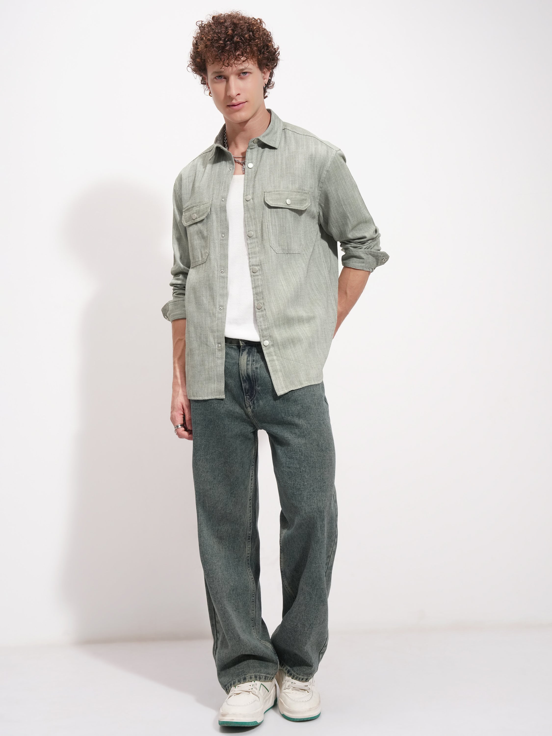 Highlander Men Olive Self Design Oversized Fit Casual Shirt - Olive - Image 2
