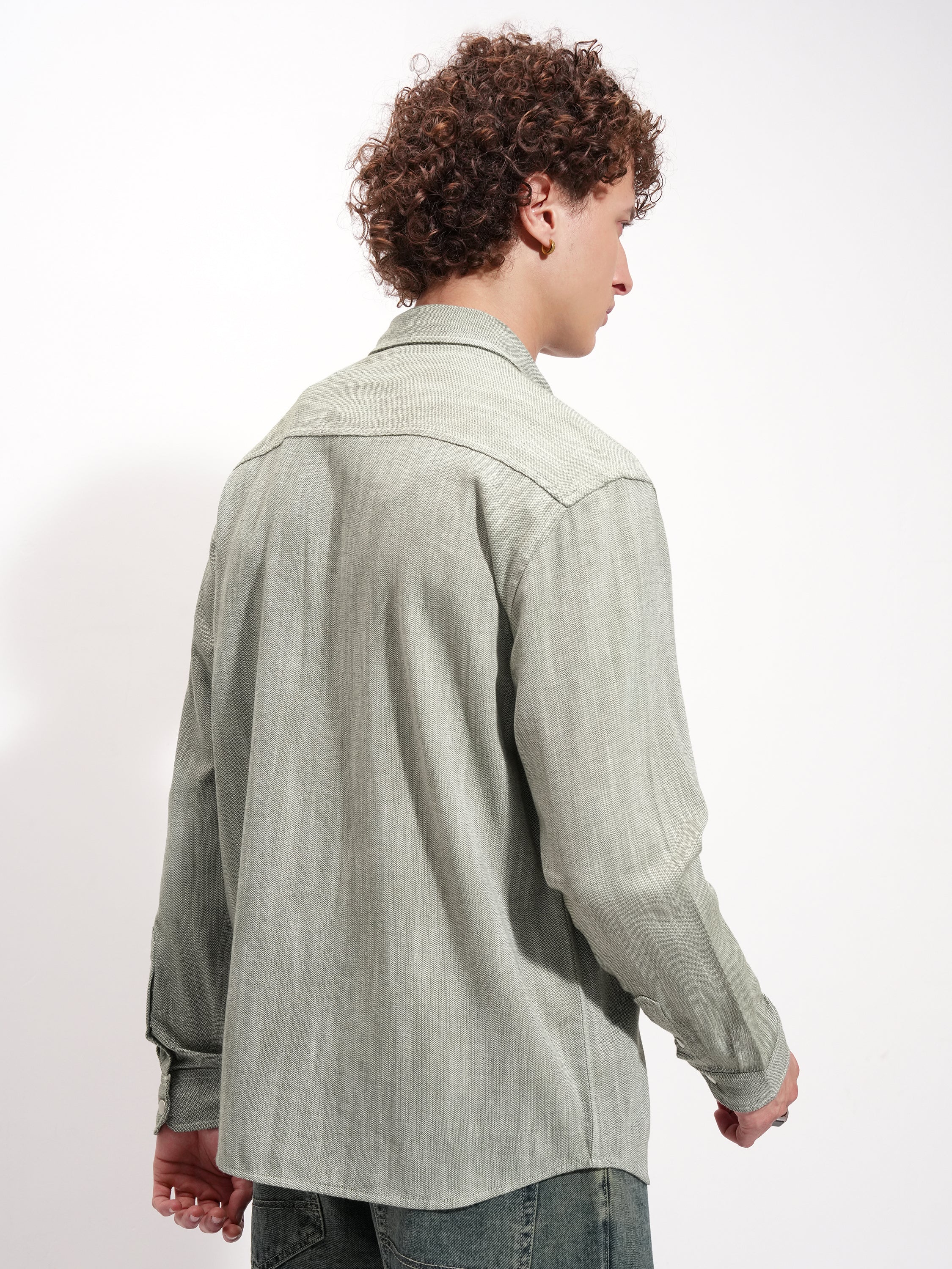 Highlander Men Olive Self Design Oversized Fit Casual Shirt - Olive - Image 3