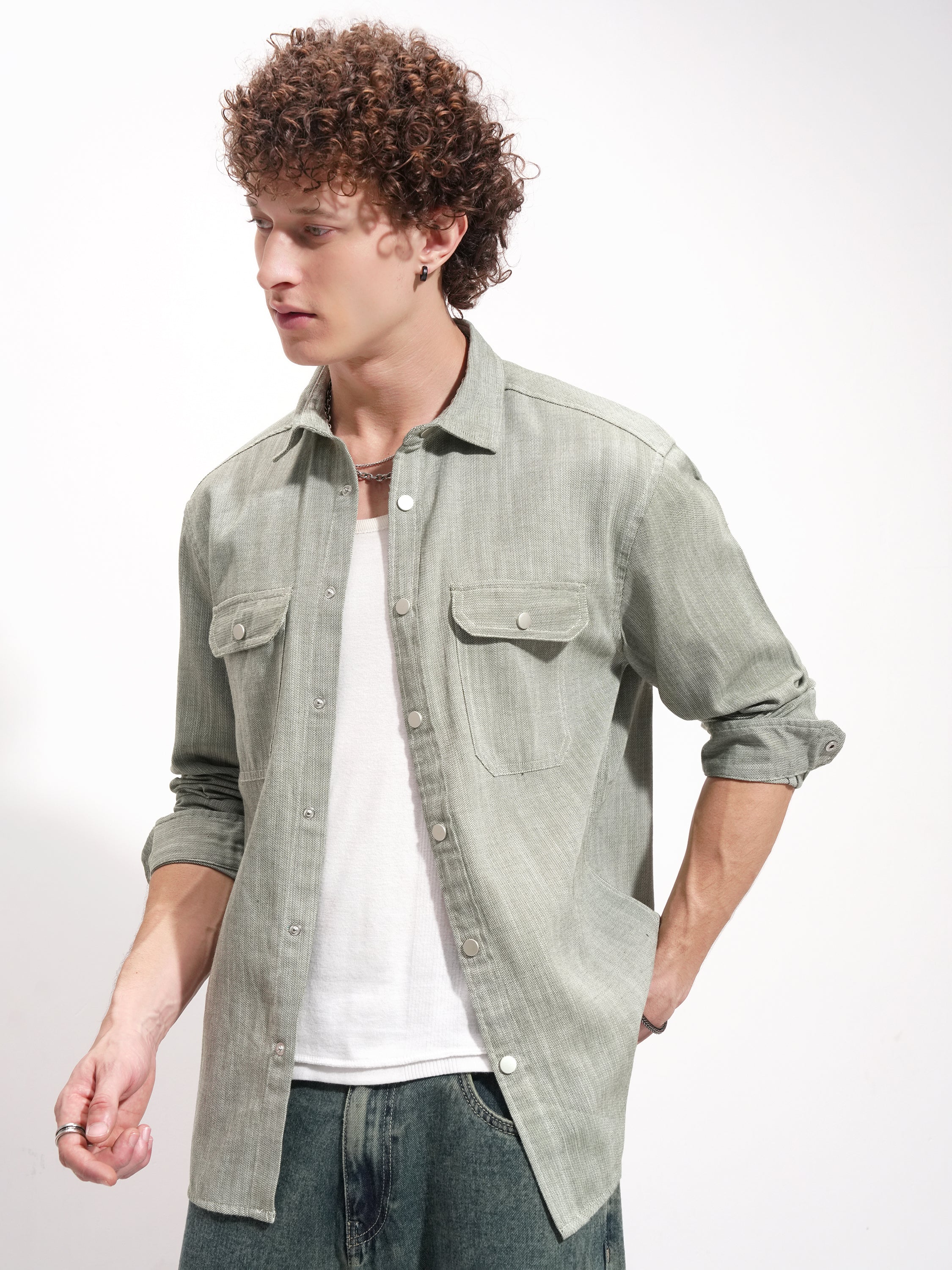Highlander Men Olive Self Design Oversized Fit Casual Shirt - Olive - Image 4