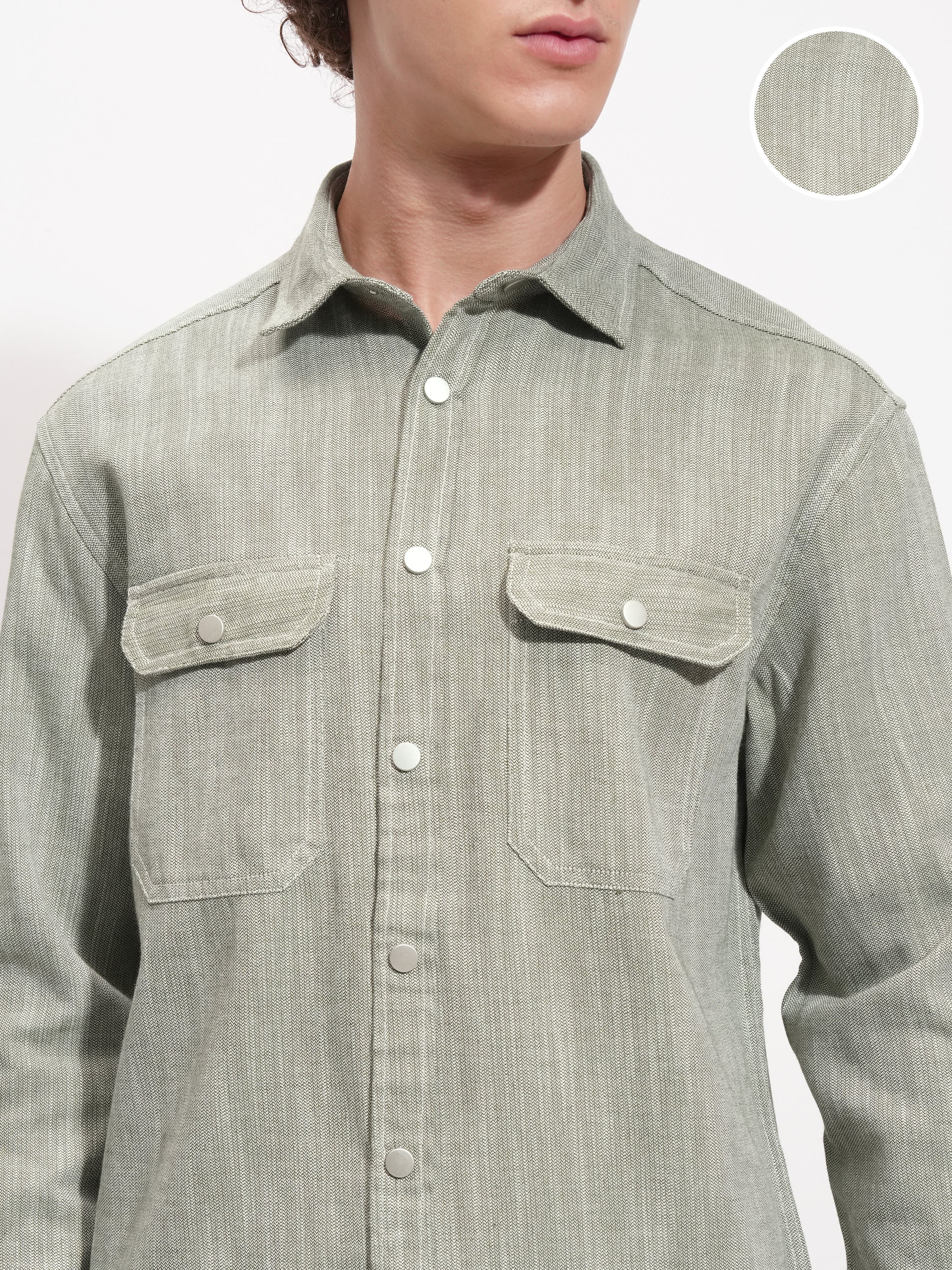 Highlander Men Olive Self Design Oversized Fit Casual Shirt - Olive - Image 5