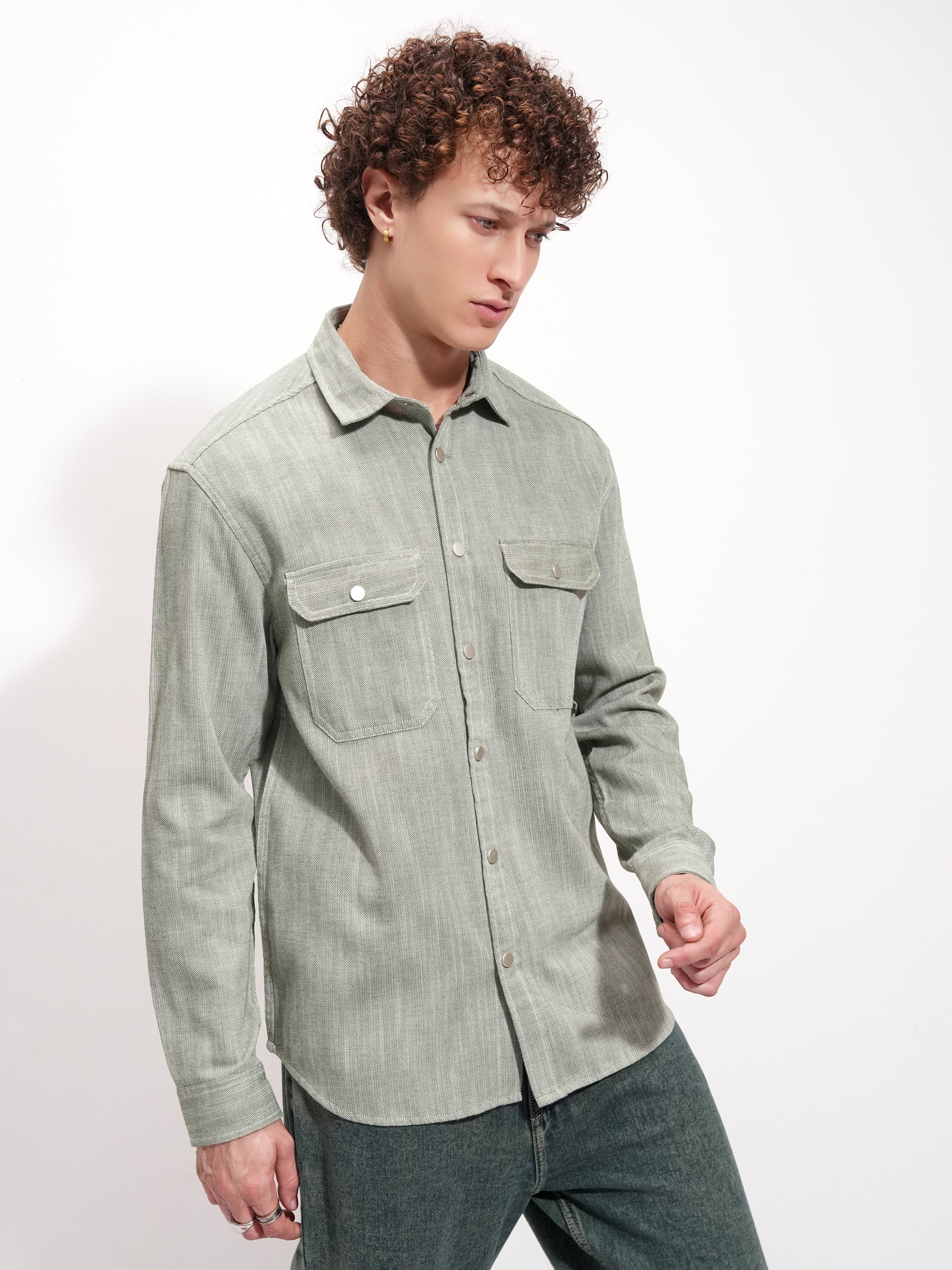 Highlander Men Olive Self Design Oversized Fit Casual Shirt - Olive - Image 6