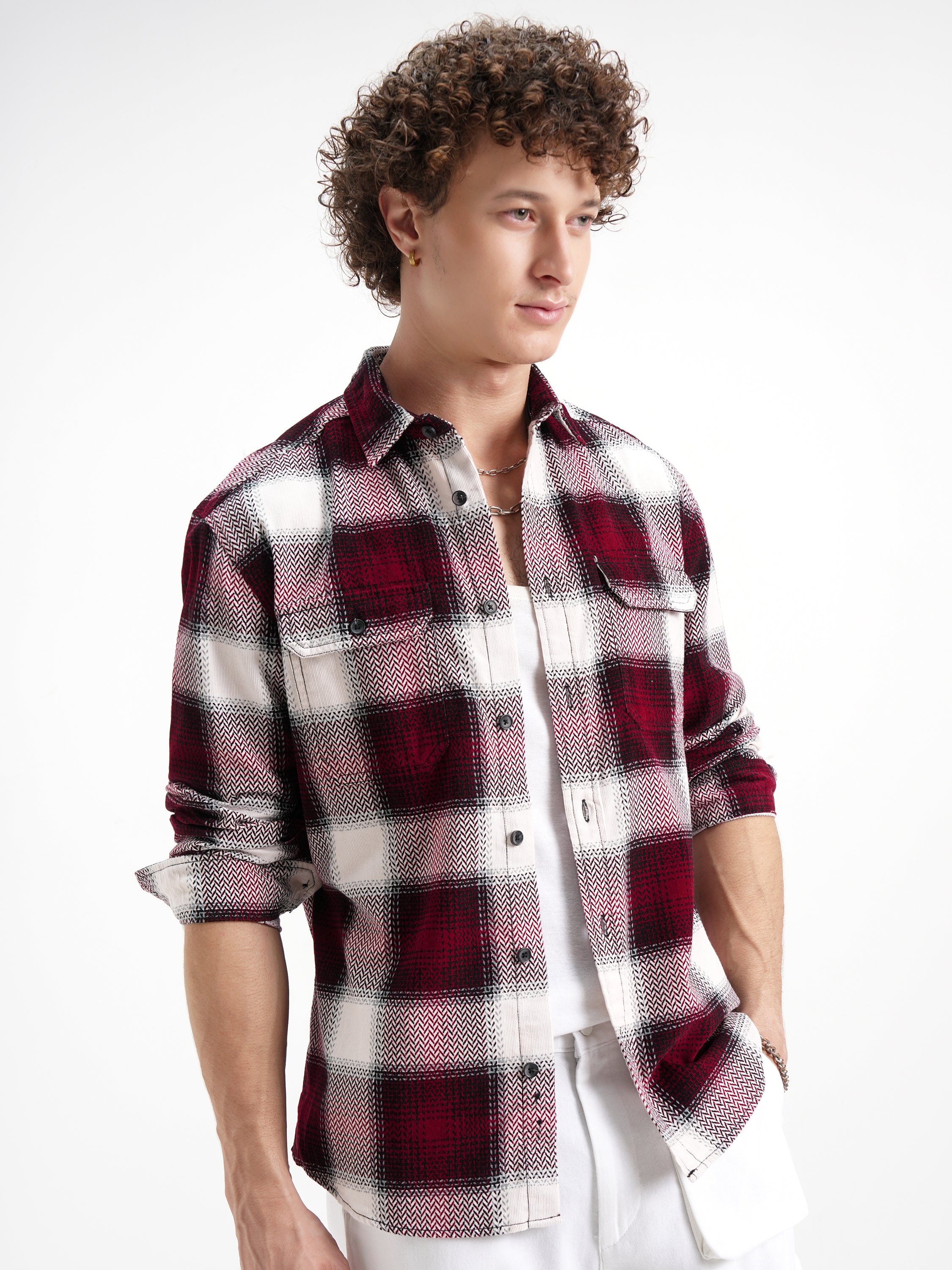 Highlander Men Cream Checked Relaxed Fit Casual Shirt - Cream - Image 6