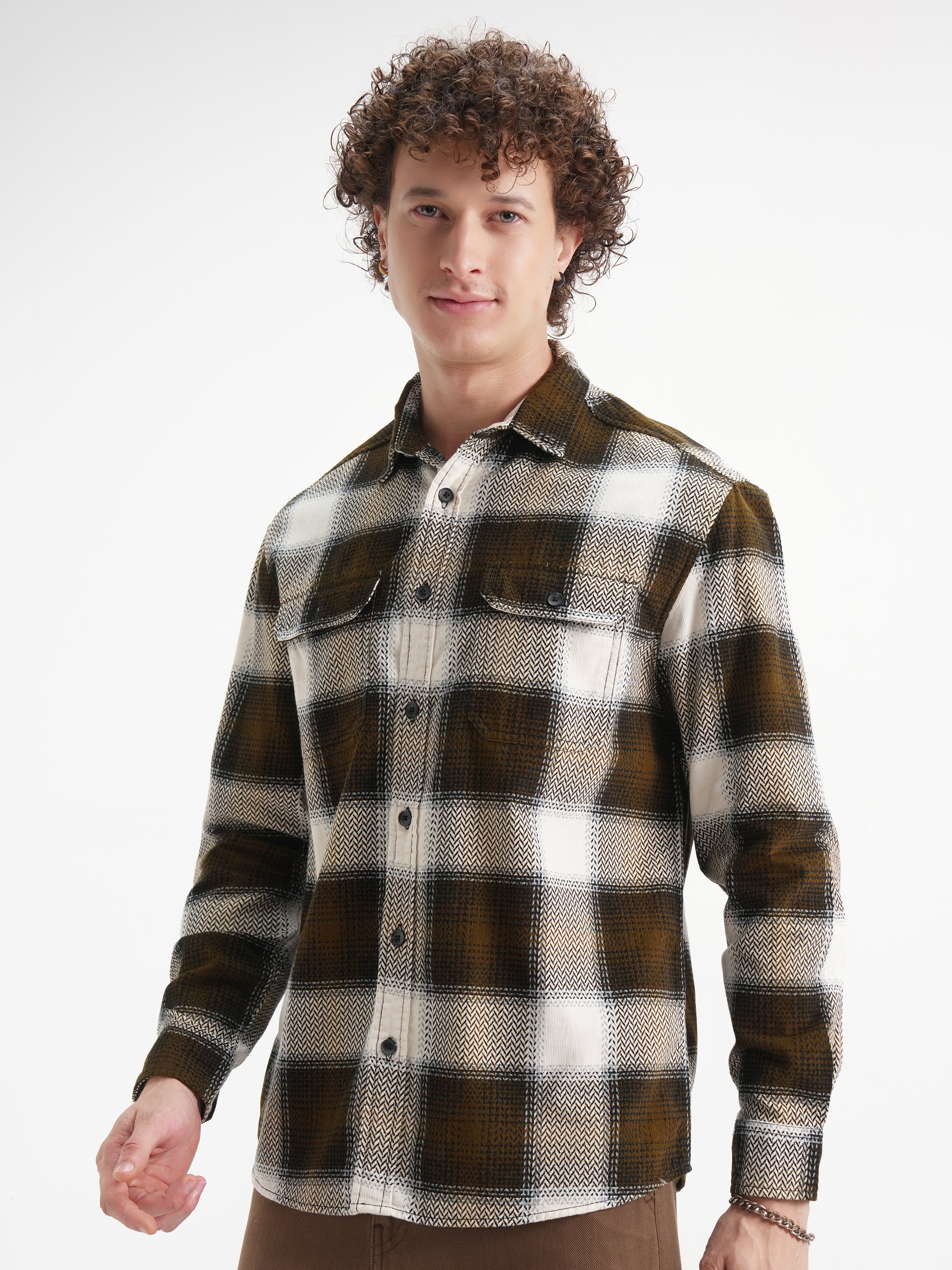 Highlander Men Cream Checked Relaxed Fit Casual Shirt - Cream - Image 4