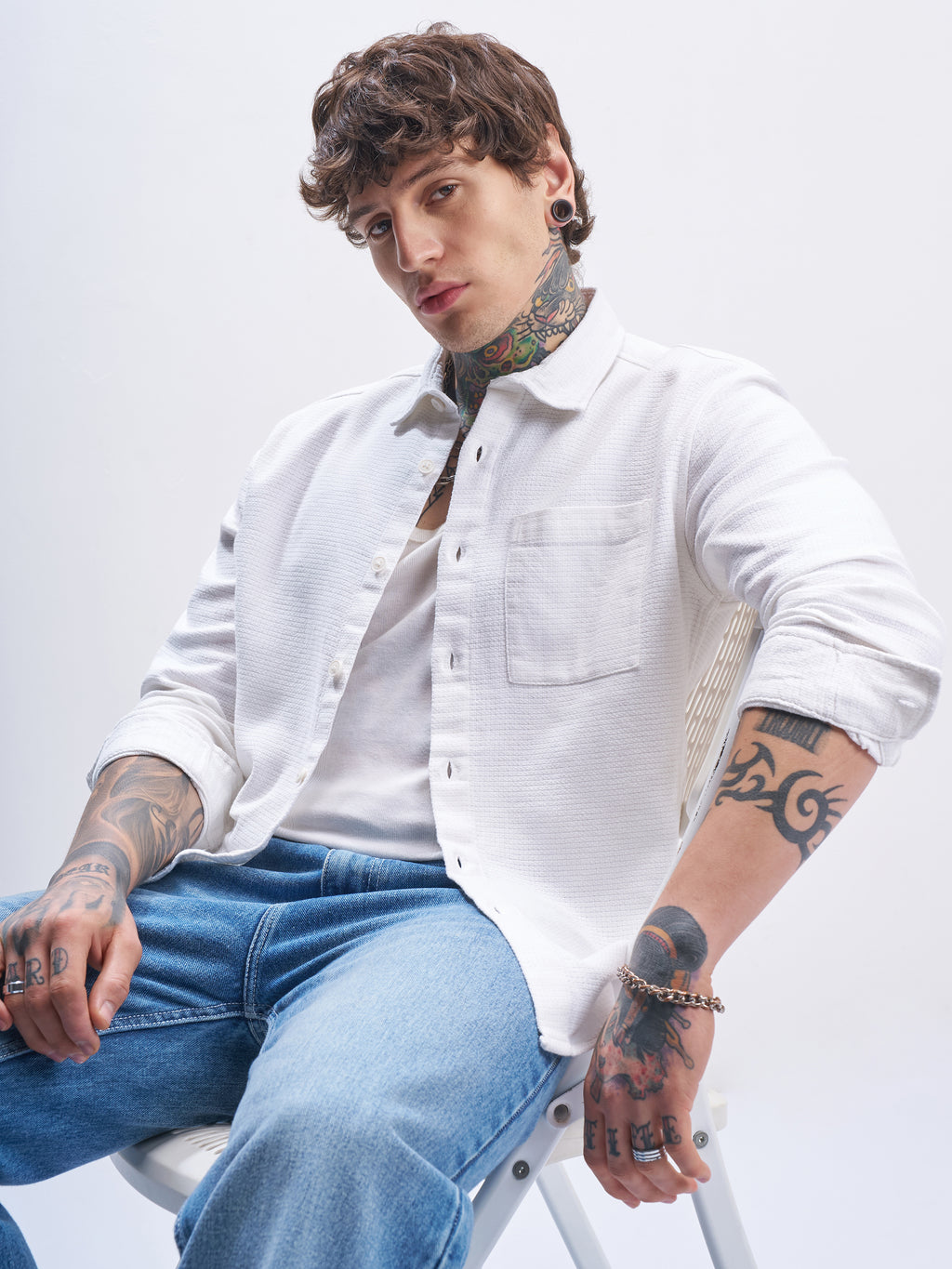 Highlander Men White Self Design Oversized Fit Casual Shirt - White - Image 1