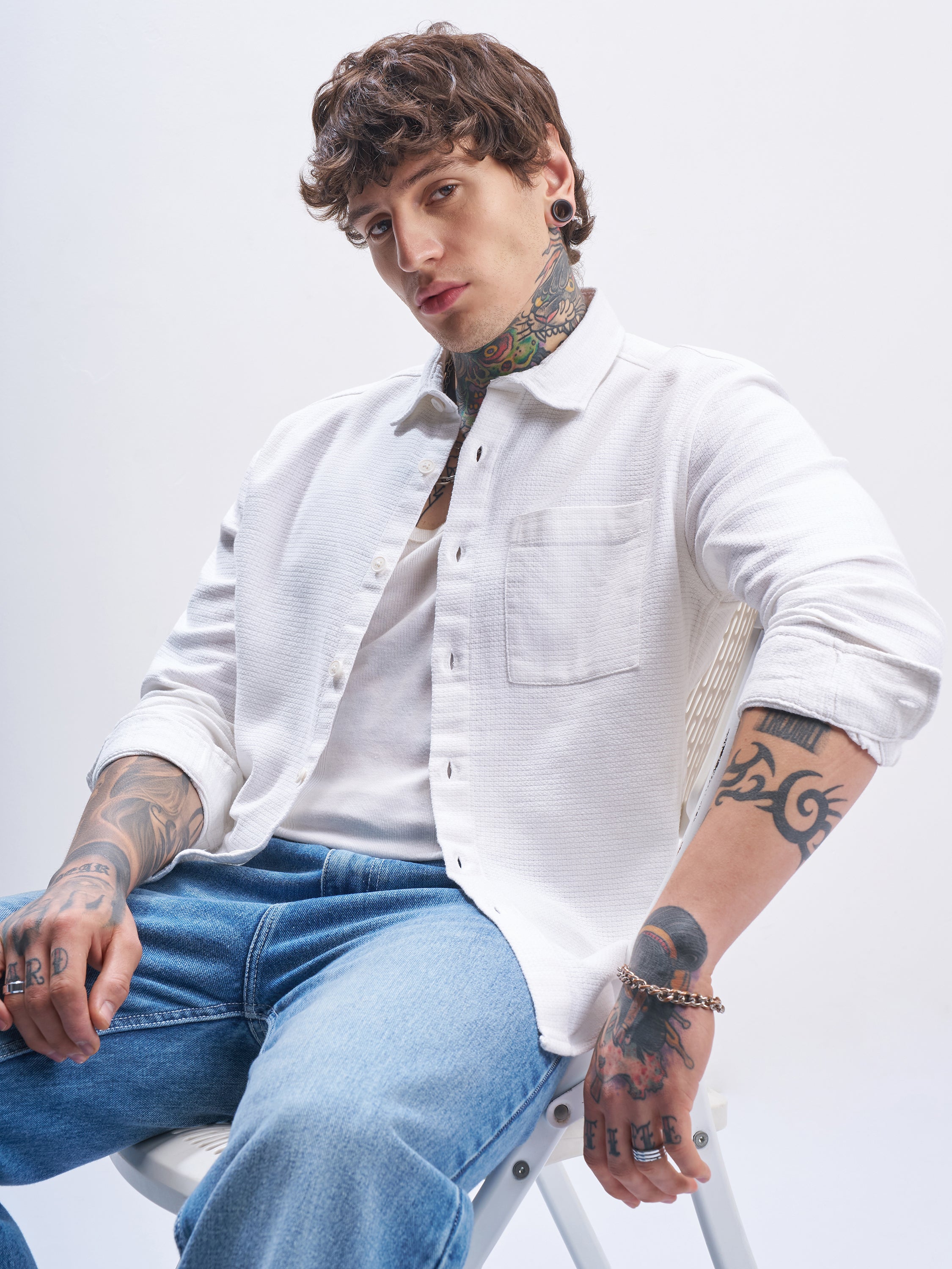 Highlander Men White Self Design Oversized Fit Casual Shirt - White - Image 1