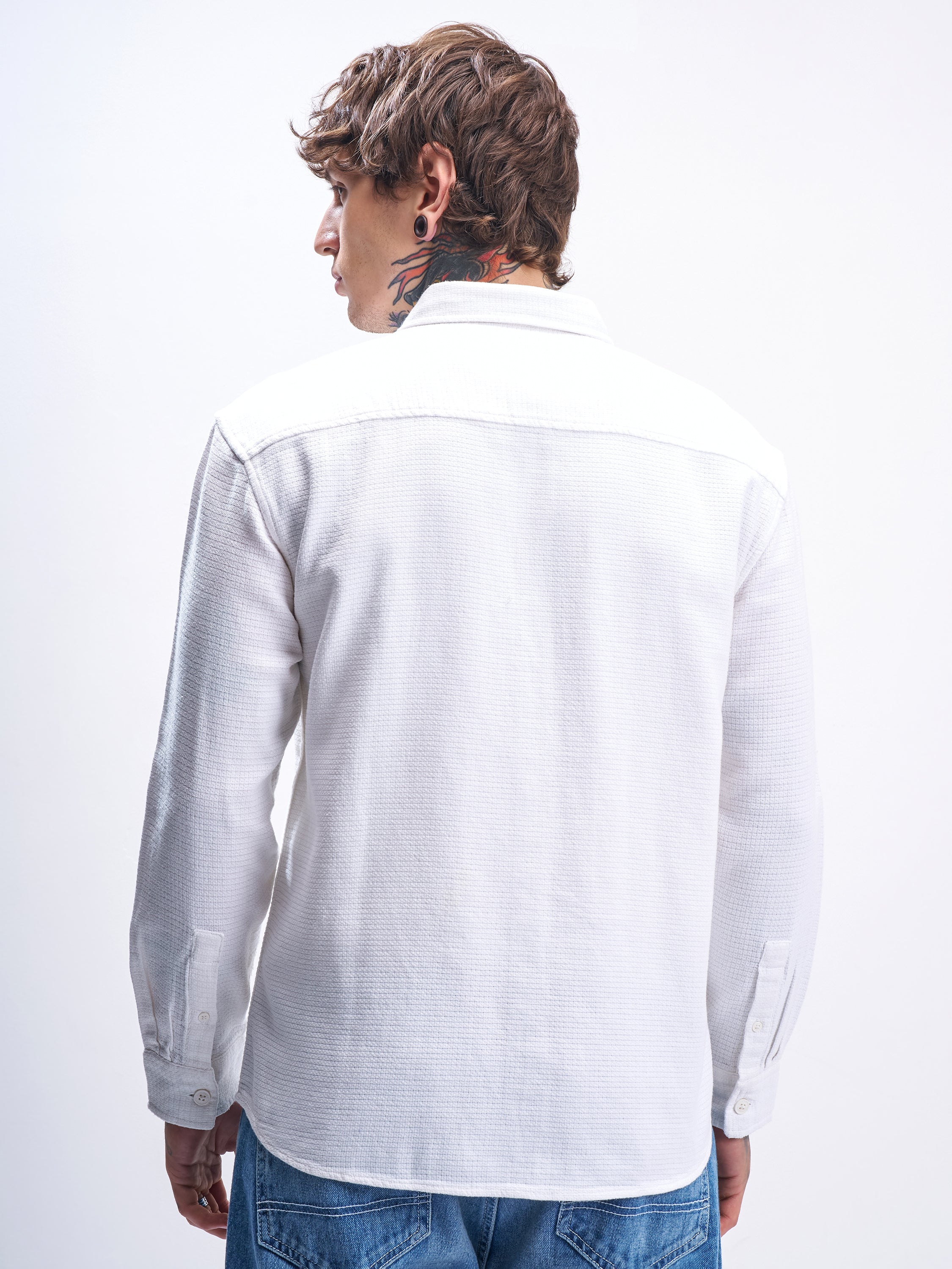 Highlander Men White Self Design Oversized Fit Casual Shirt - White - Image 3
