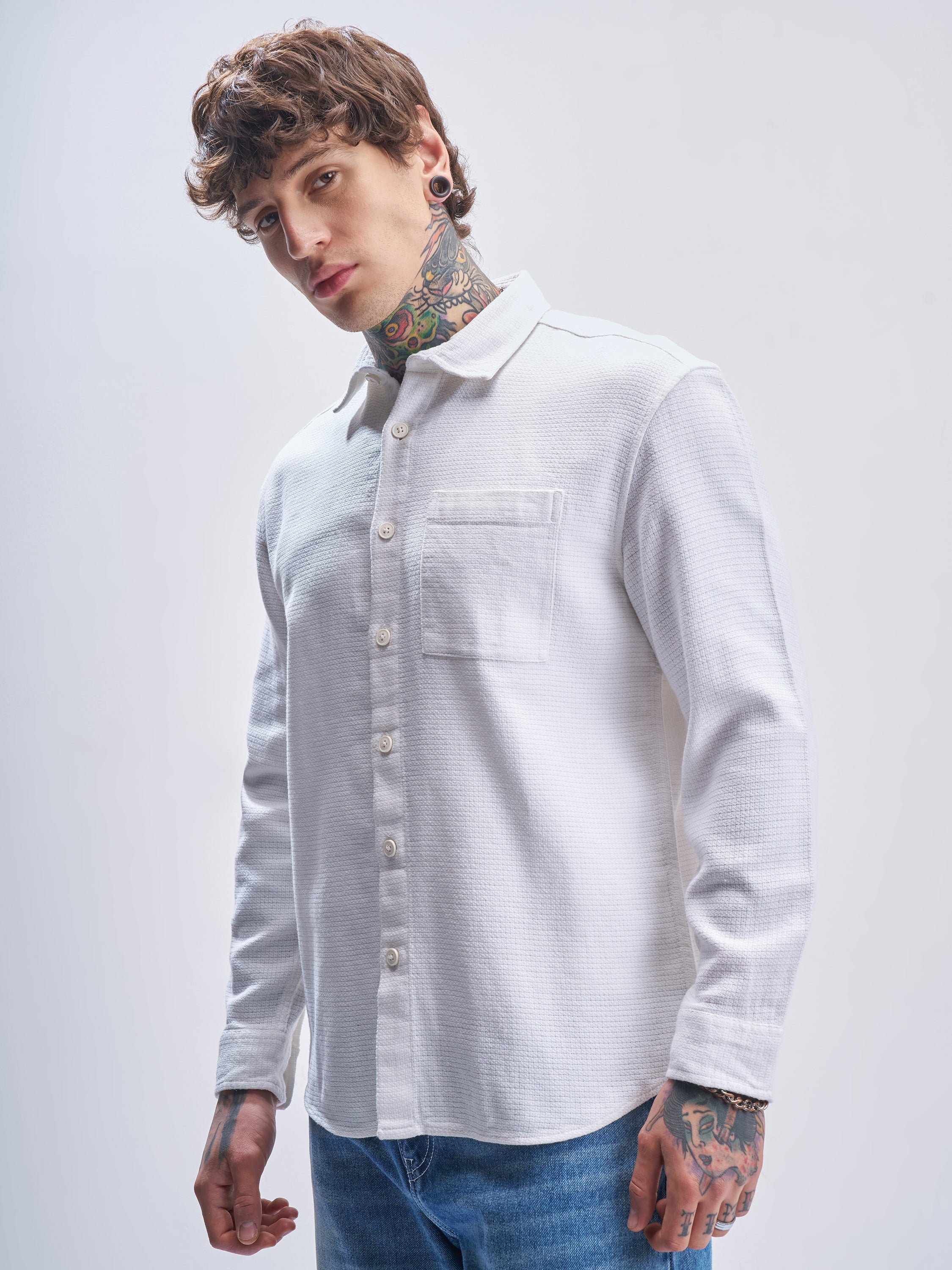 Highlander Men White Self Design Oversized Fit Casual Shirt - White - Image 4