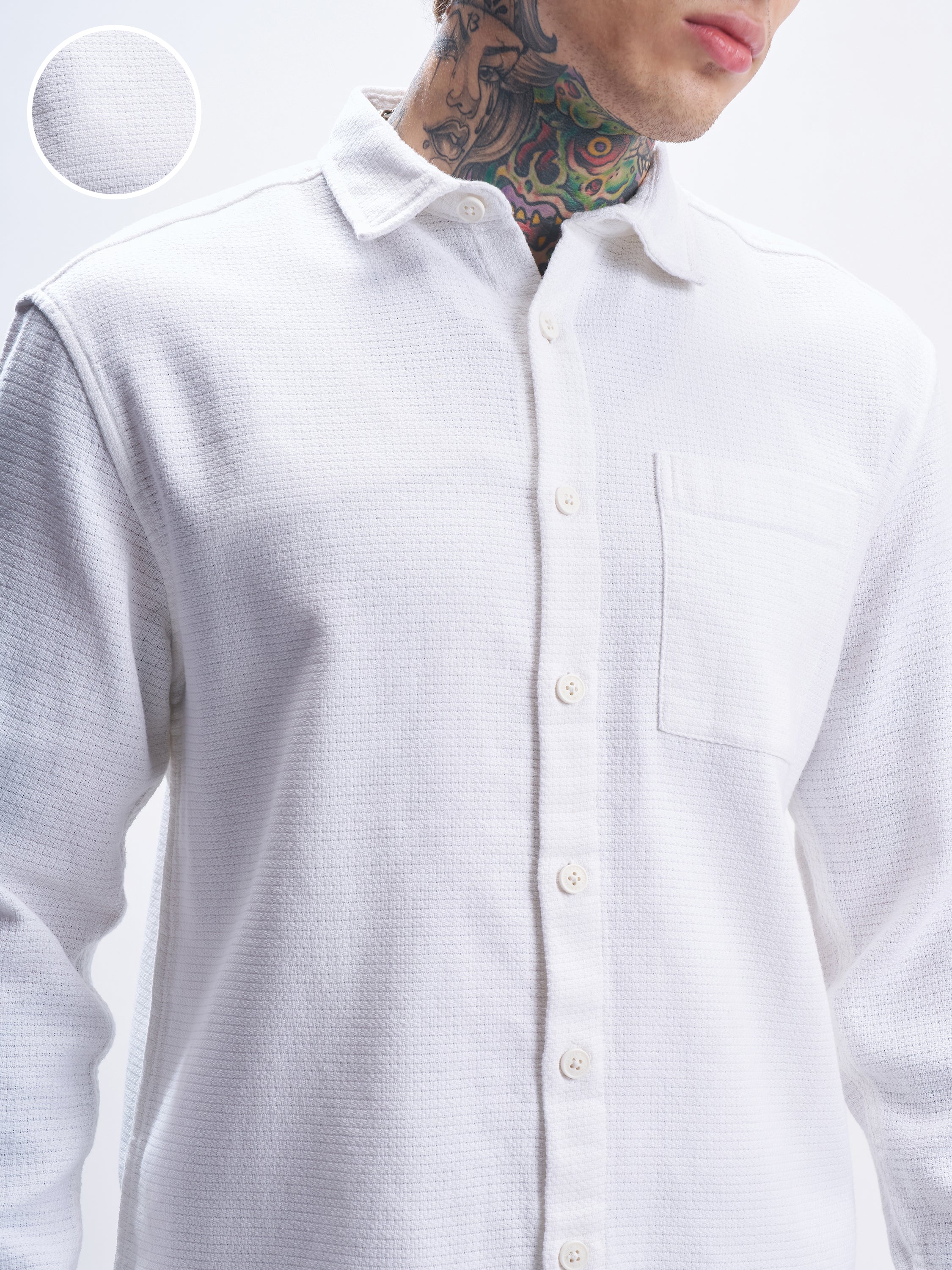 Highlander Men White Self Design Oversized Fit Casual Shirt - White - Image 5