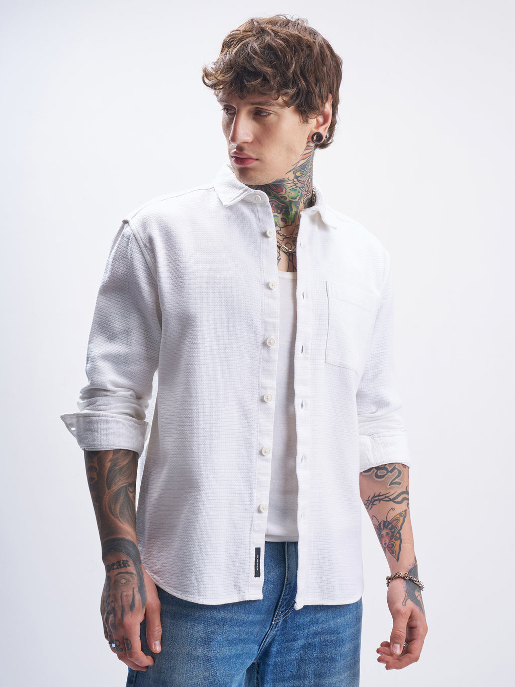 Highlander Men White Self Design Oversized Fit Casual Shirt - White - Image 6