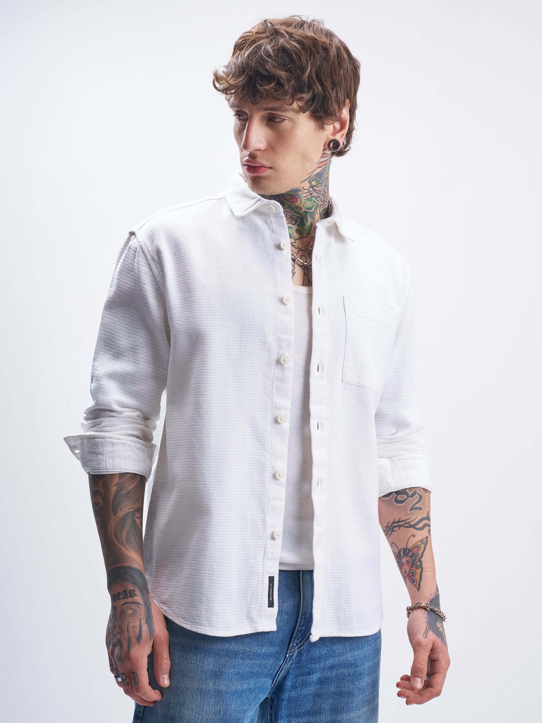 Highlander Men White Self Design Oversized Fit Casual Shirt - White - Image 6