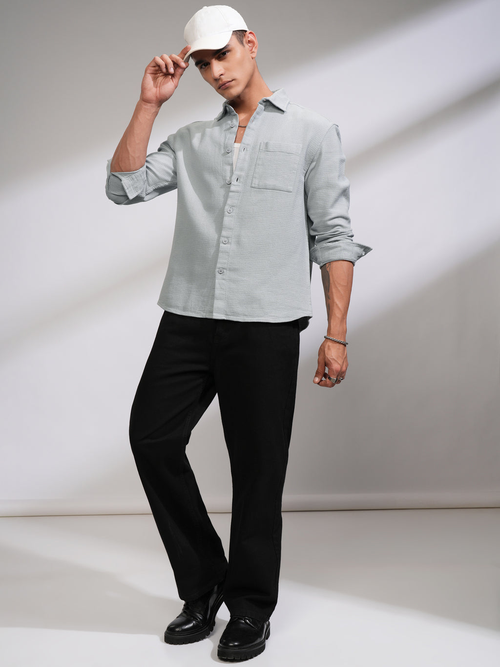 Highlander Men Grey Self Design Oversized Fit Casual Shirt - Grey - Image 2