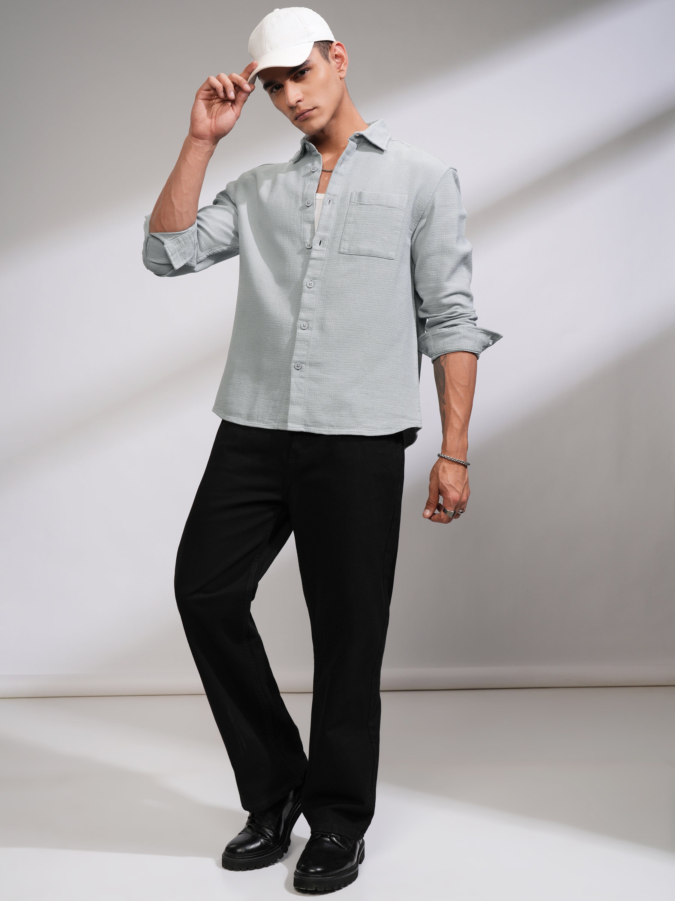 Highlander Men Grey Self Design Oversized Fit Casual Shirt - Grey - Image 2