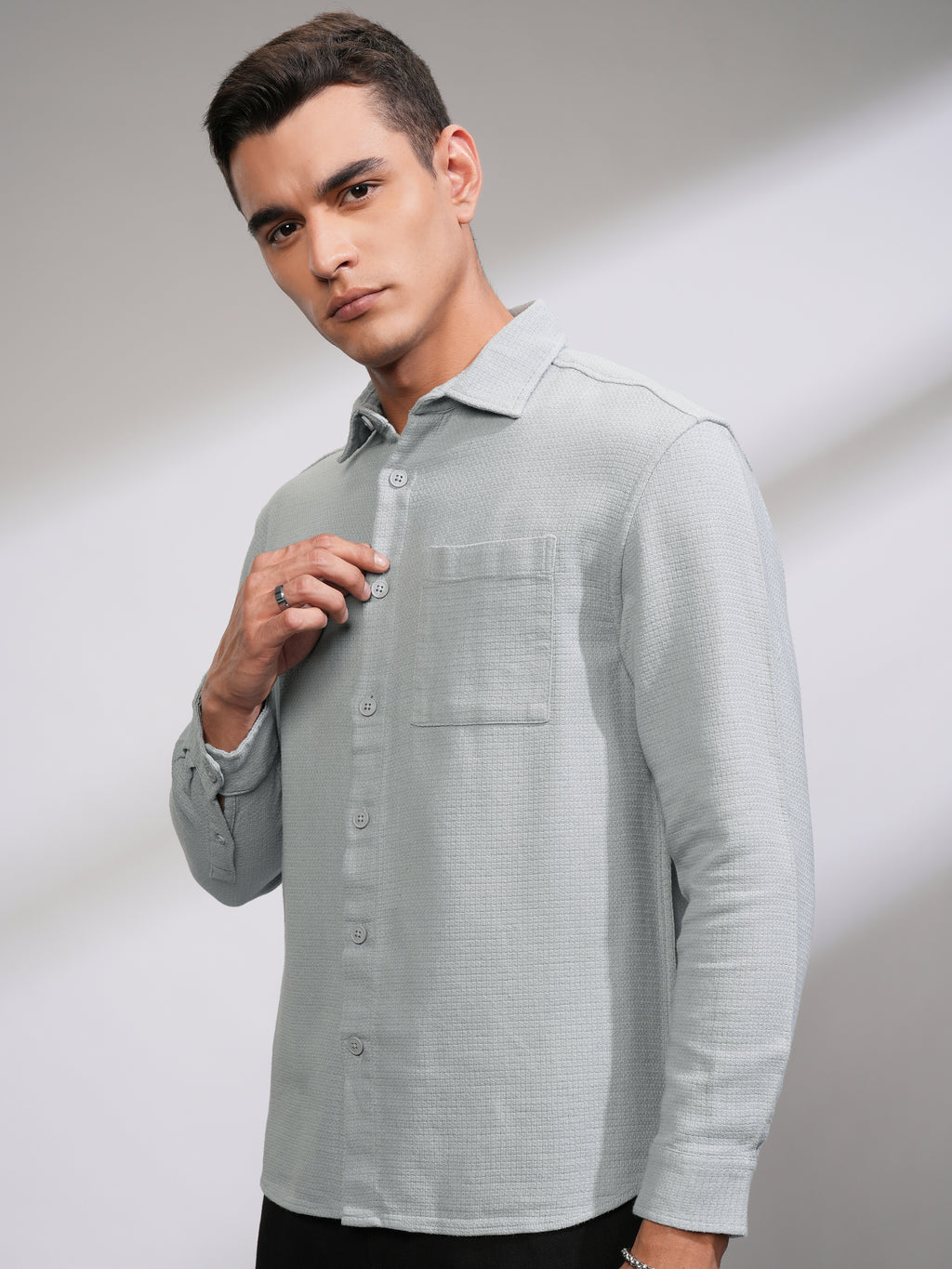 Highlander Men Grey Self Design Oversized Fit Casual Shirt - Grey - Image 4