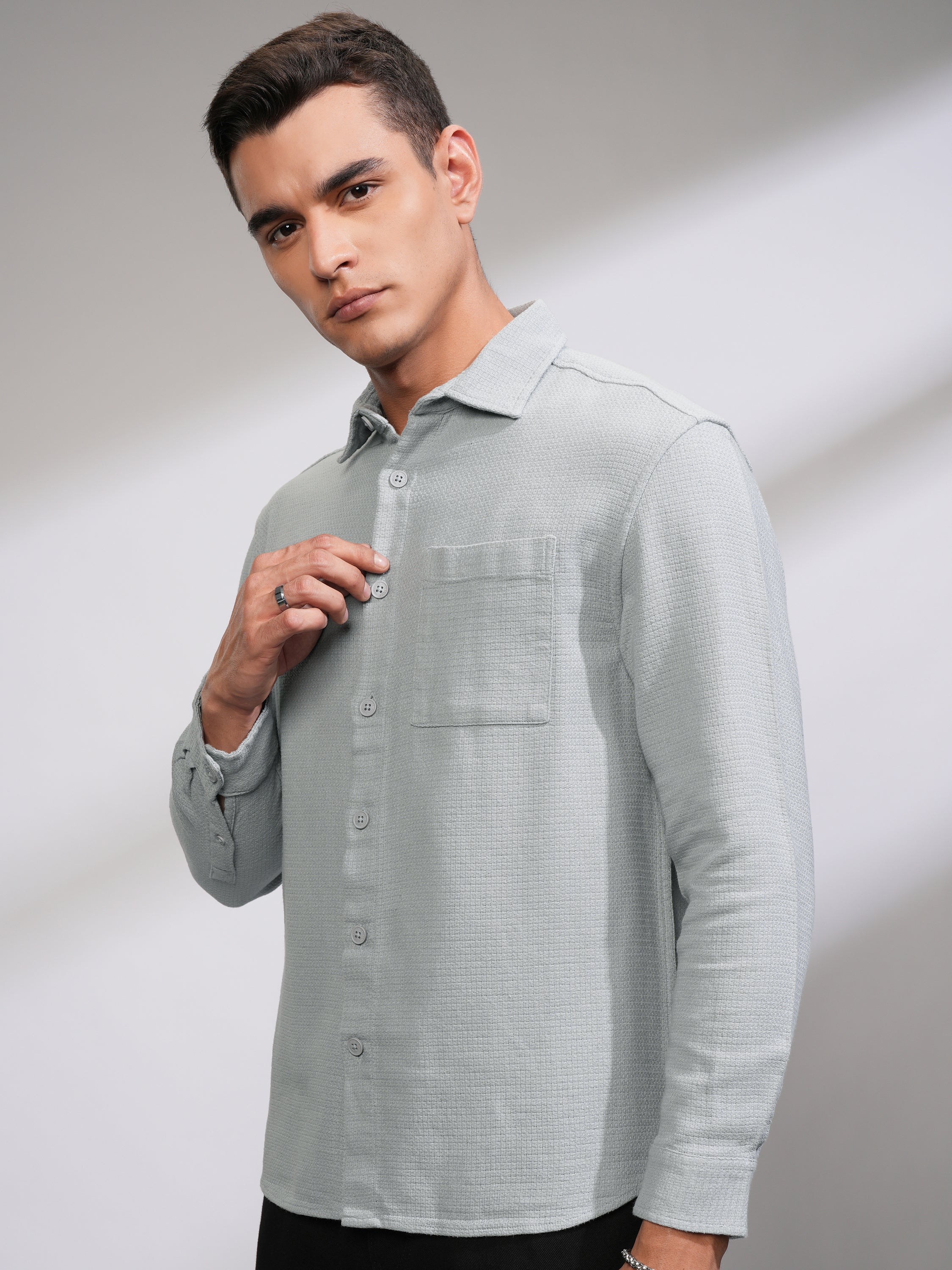 Highlander Men Grey Self Design Oversized Fit Casual Shirt - Grey - Image 4