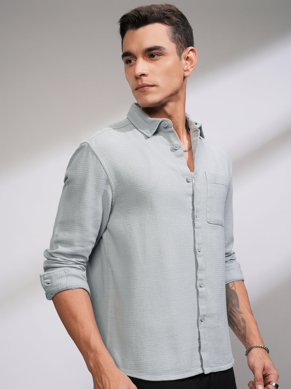 Highlander Men Grey Self Design Oversized Fit Casual Shirt - Grey - Image 6