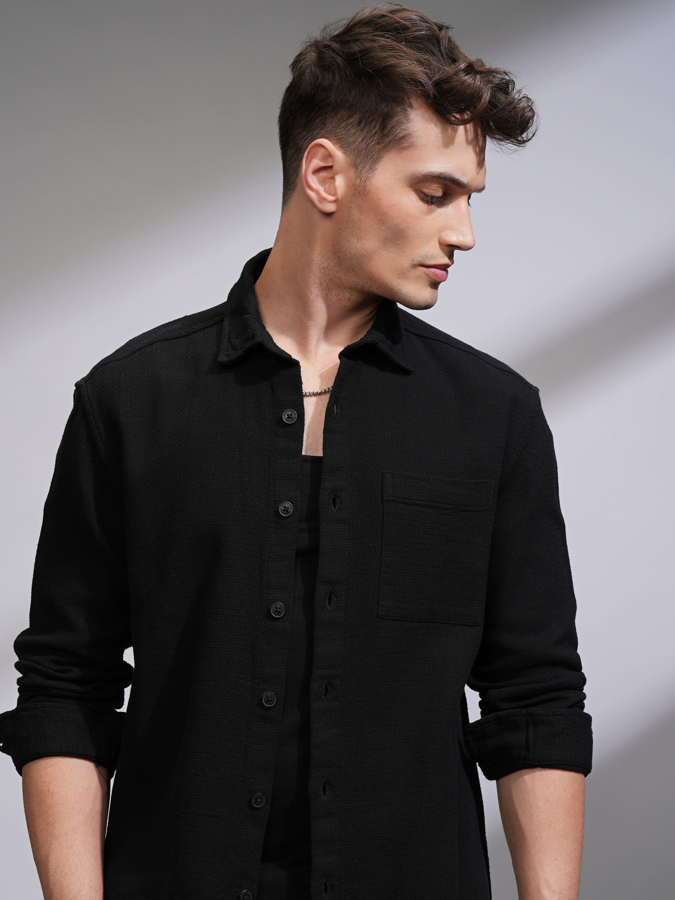 Highlander Men Black Self Design Oversized Fit Casual Shirt - Black - Image 1