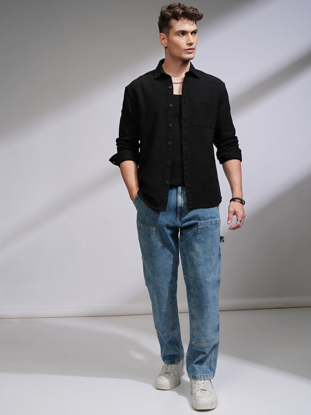 Highlander Men Black Self Design Oversized Fit Casual Shirt - Black - Image 2