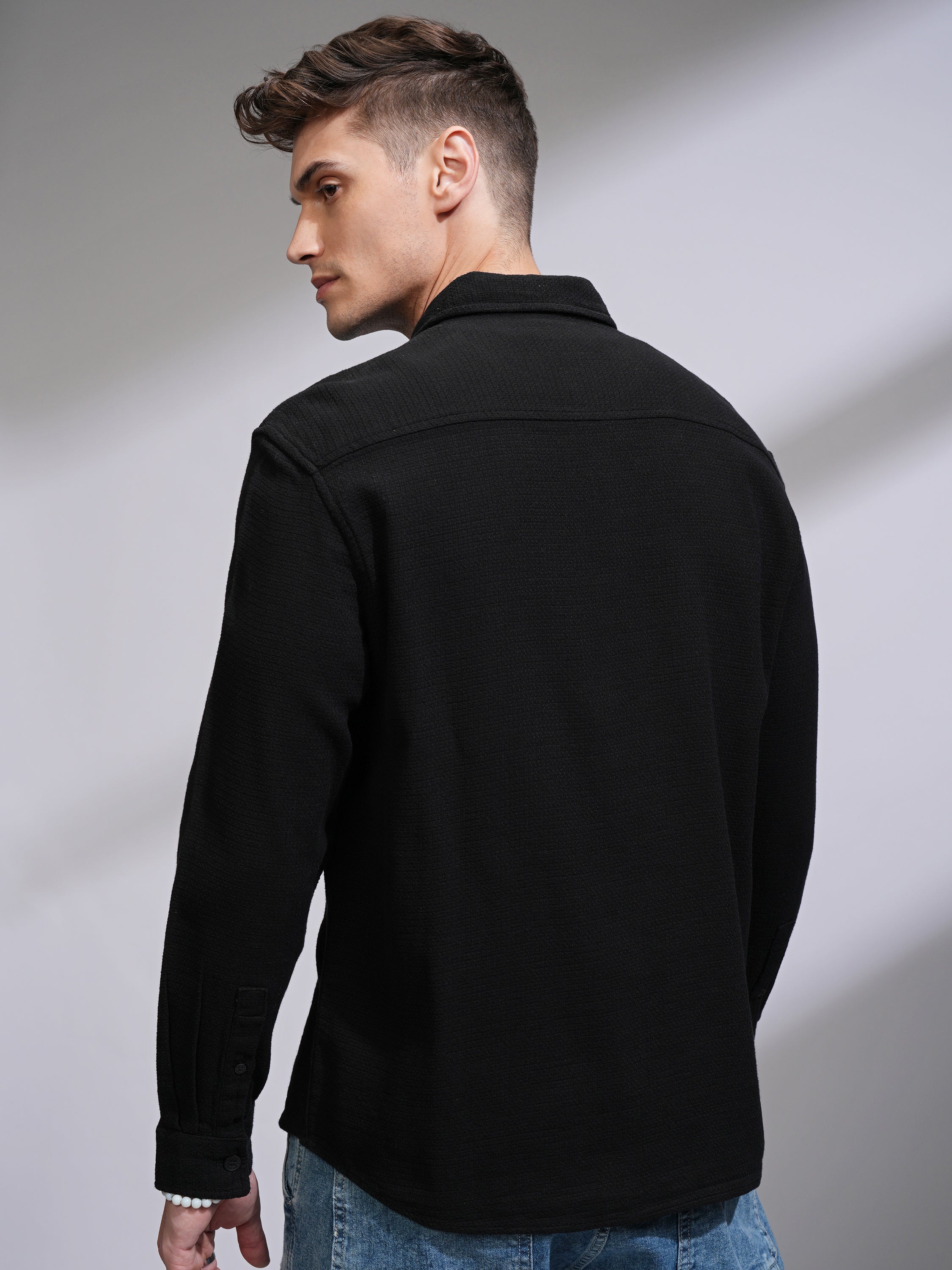 Highlander Men Black Self Design Oversized Fit Casual Shirt - Black - Image 3
