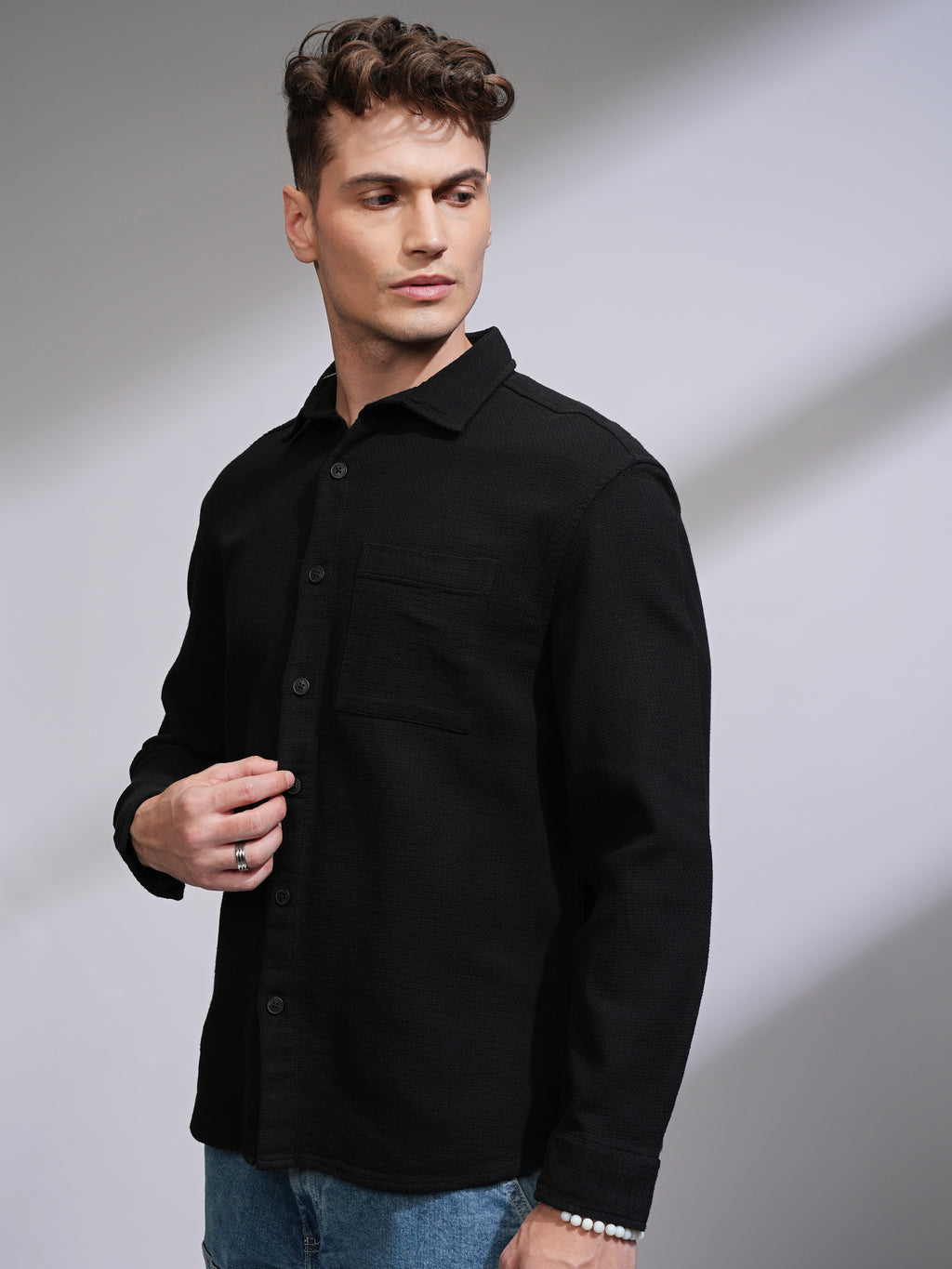Highlander Men Black Self Design Oversized Fit Casual Shirt - Black - Image 4