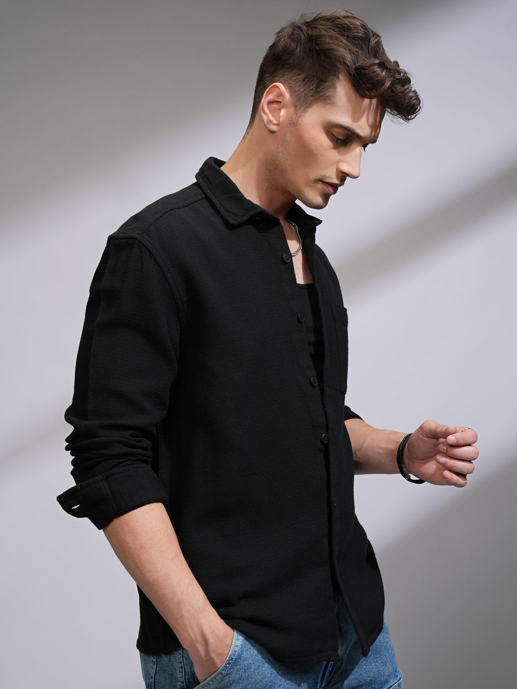 Highlander Men Black Self Design Oversized Fit Casual Shirt - Black - Image 6
