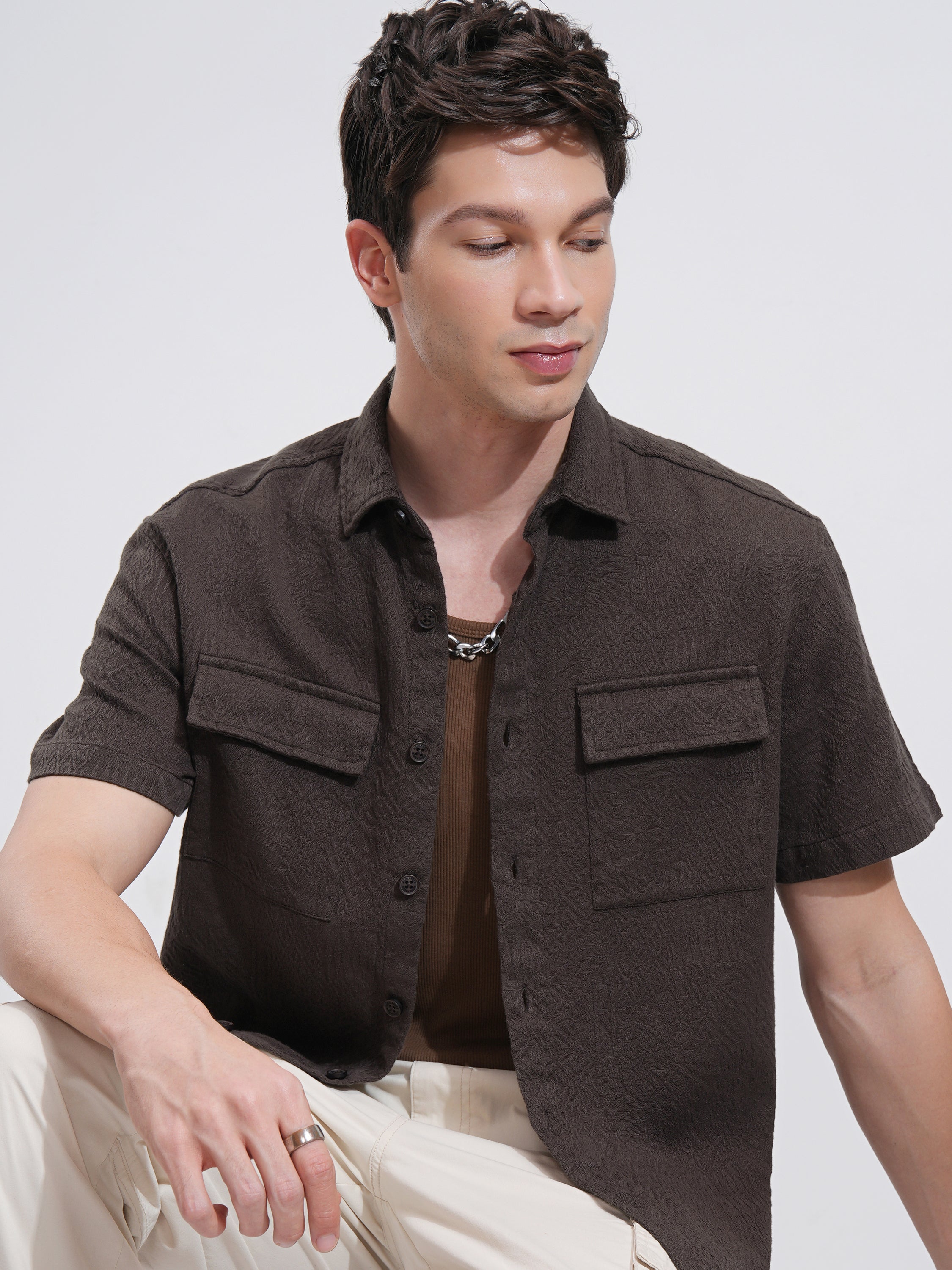 Highlander Men Brown Self Design Oversized Fit Casual Shirt - Brown - Image 1