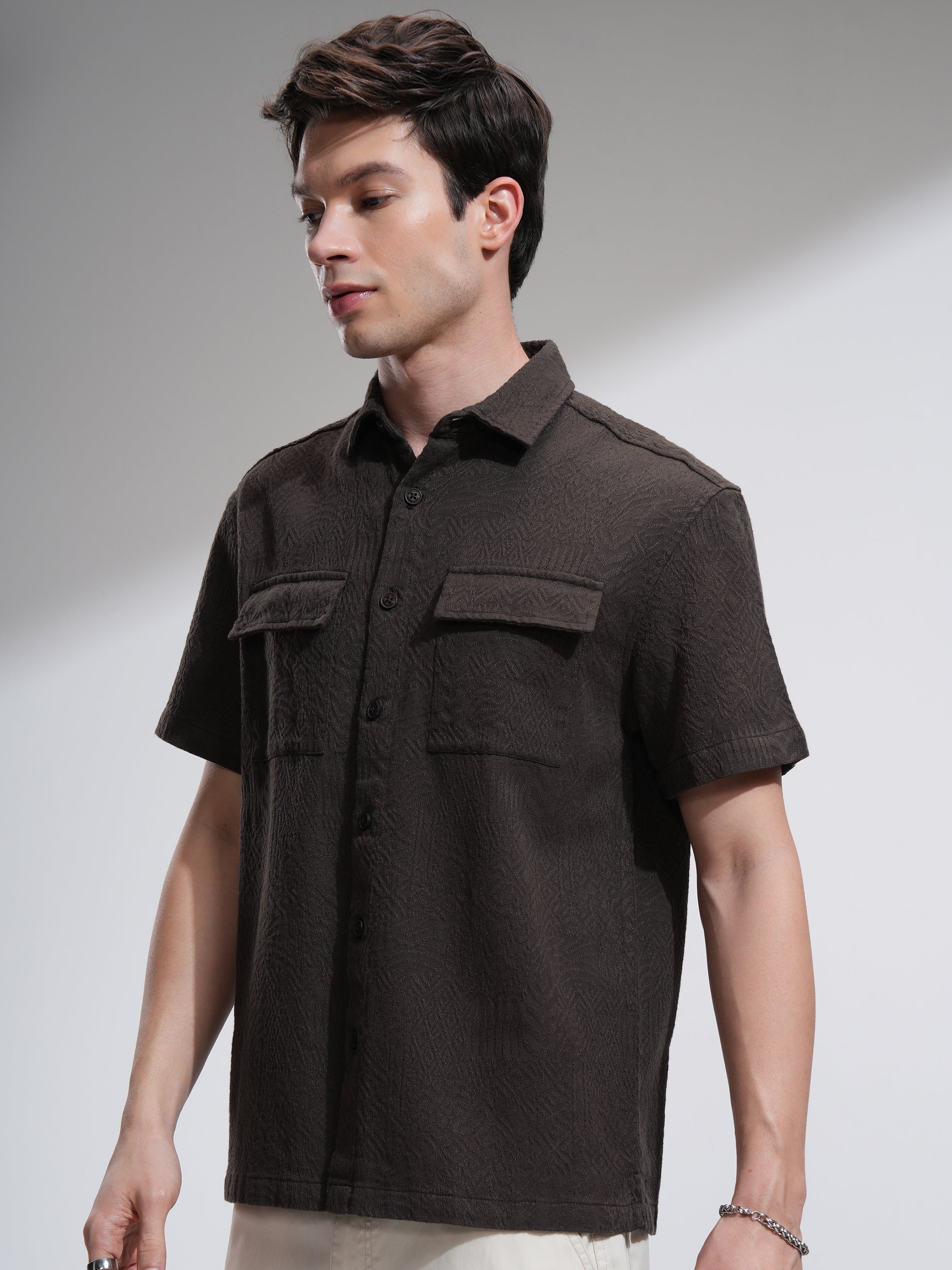 Highlander Men Brown Self Design Oversized Fit Casual Shirt - Brown - Image 4