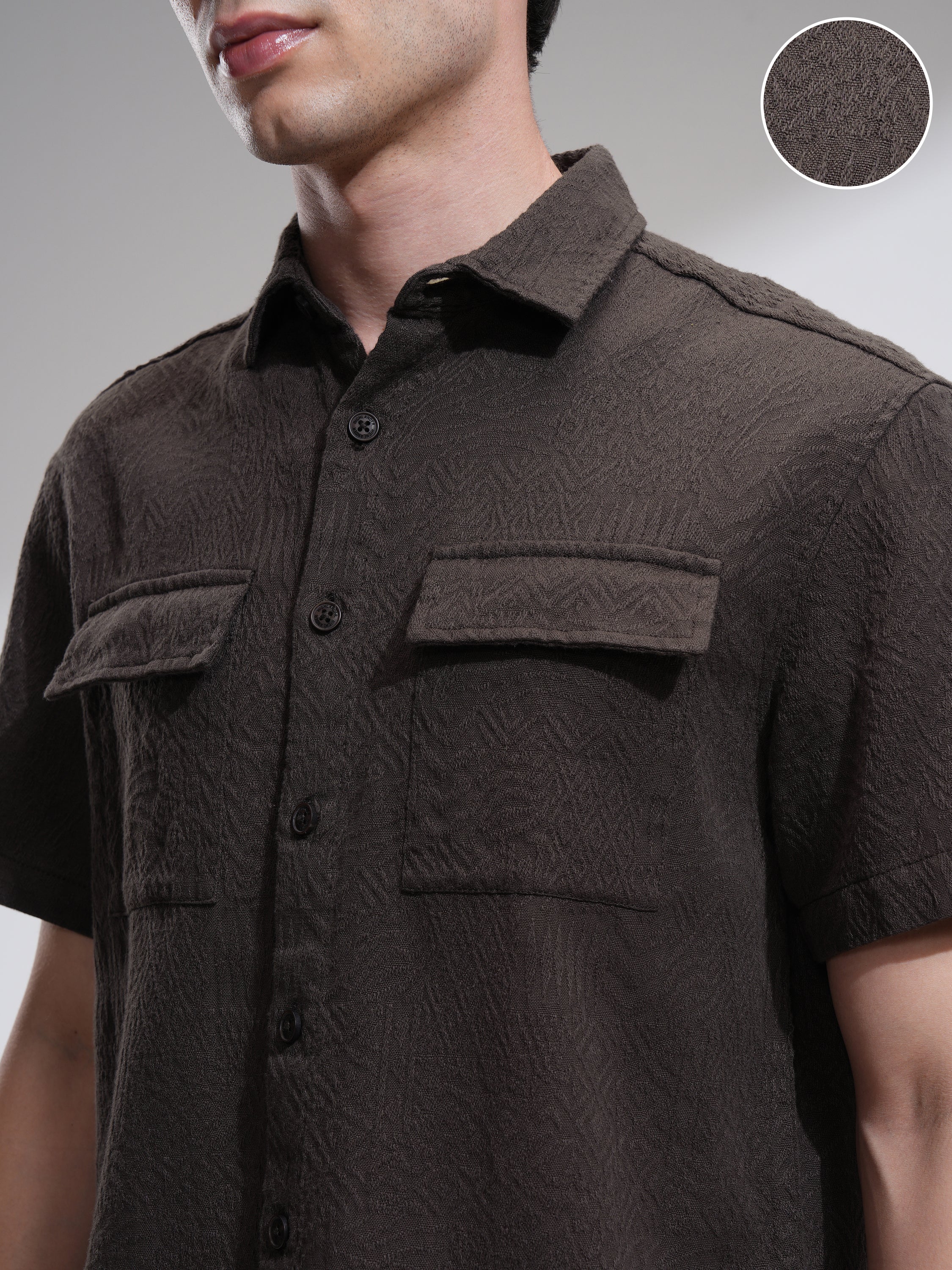 Highlander Men Brown Self Design Oversized Fit Casual Shirt - Brown - Image 5
