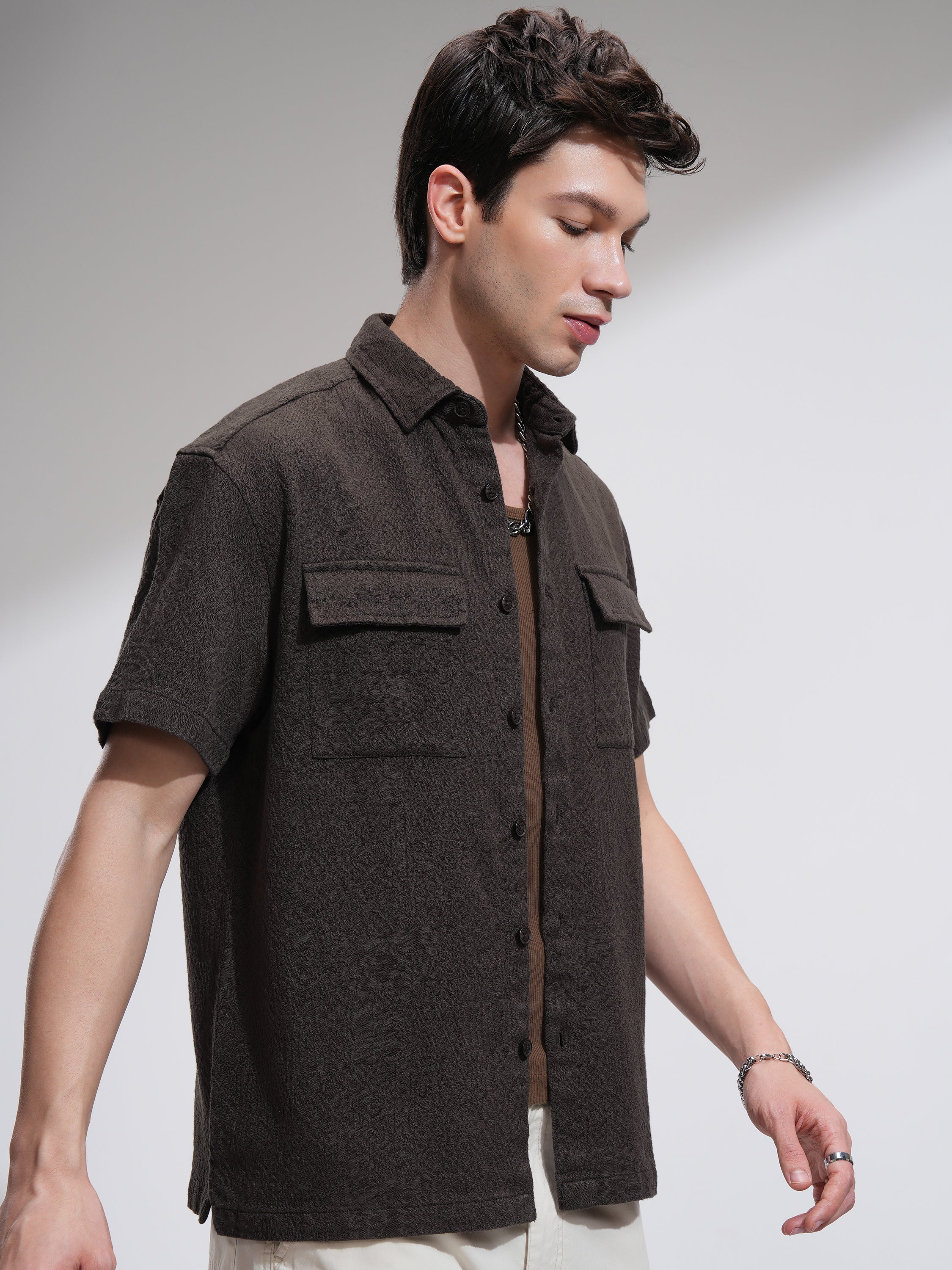 Highlander Men Brown Self Design Oversized Fit Casual Shirt - Brown - Image 6