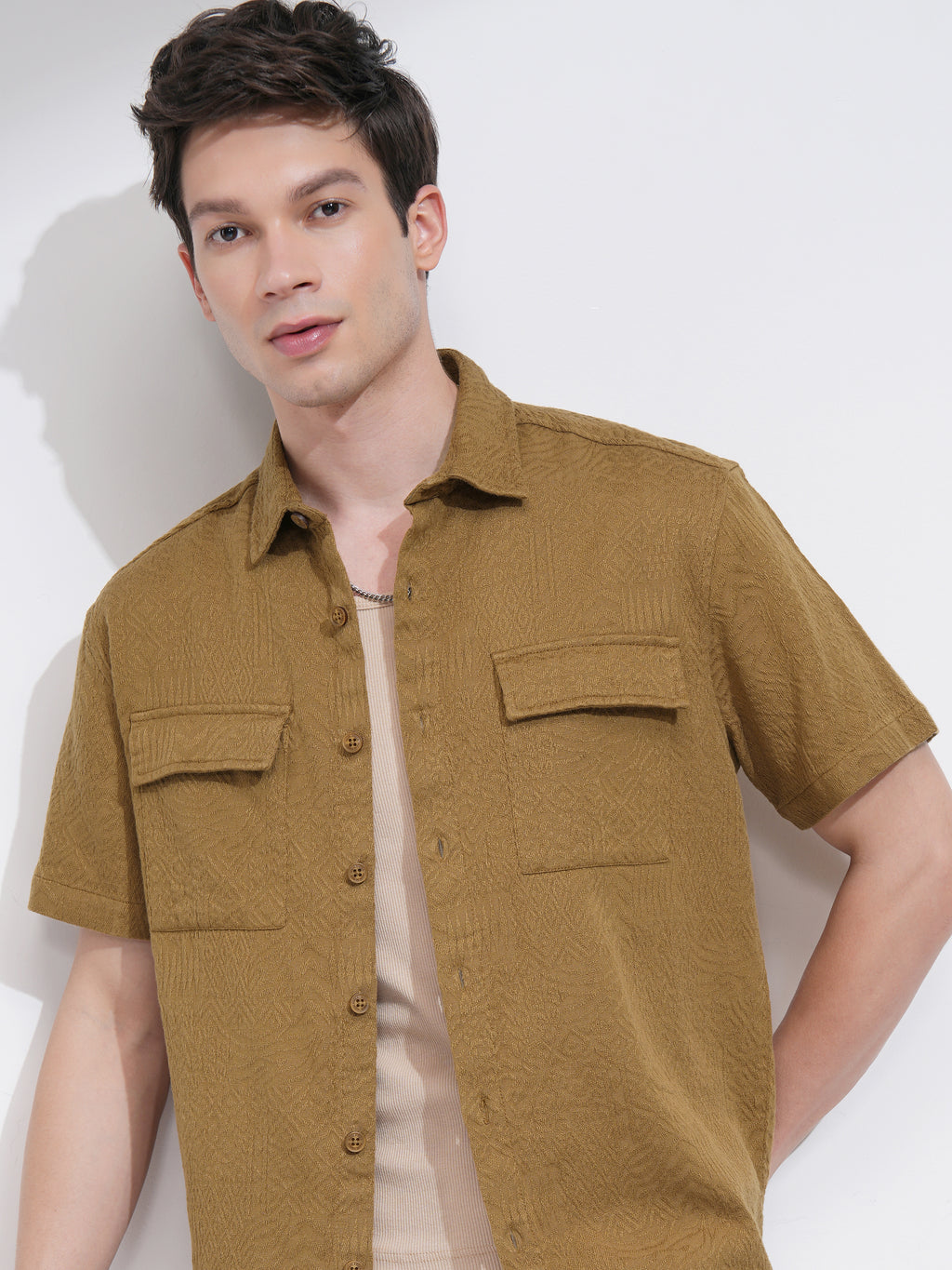 Highlander Men Mustard Self Design Oversized Fit Casual Shirt - Mustard - Image 1