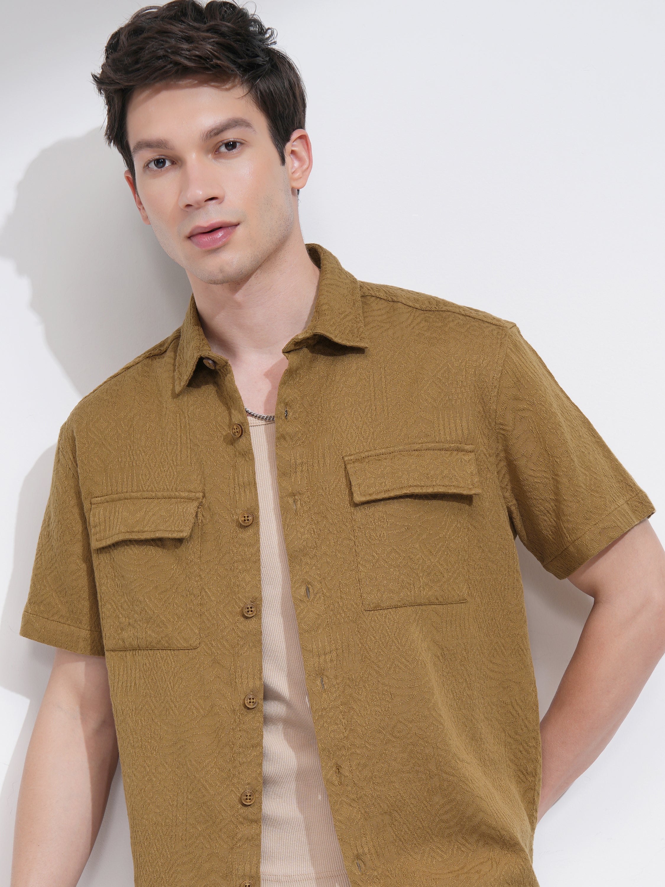 Highlander Men Mustard Self Design Oversized Fit Casual Shirt - Mustard - Image 1