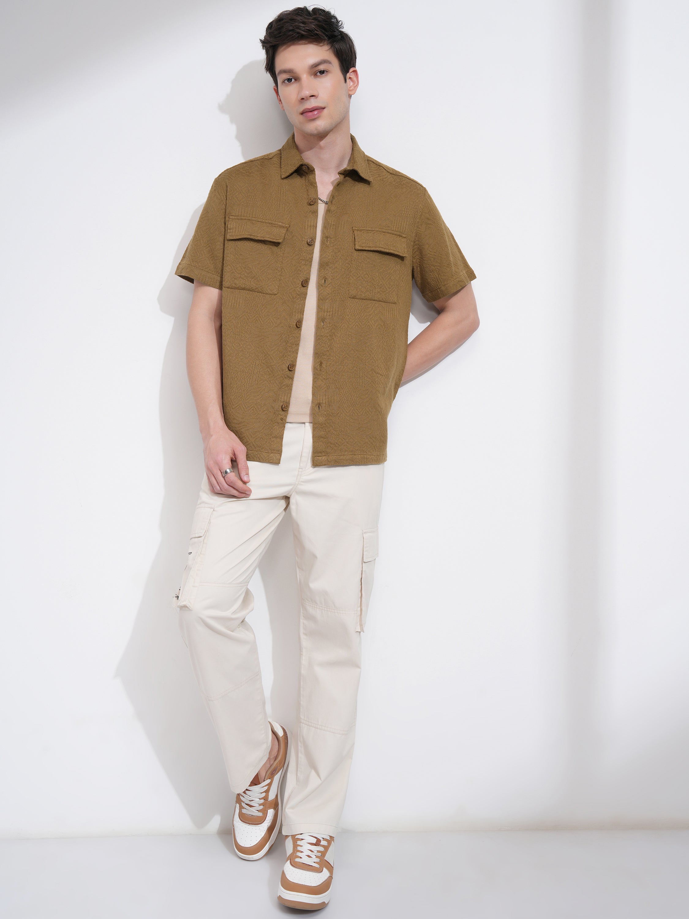 Highlander Men Mustard Self Design Oversized Fit Casual Shirt - Mustard - Image 2