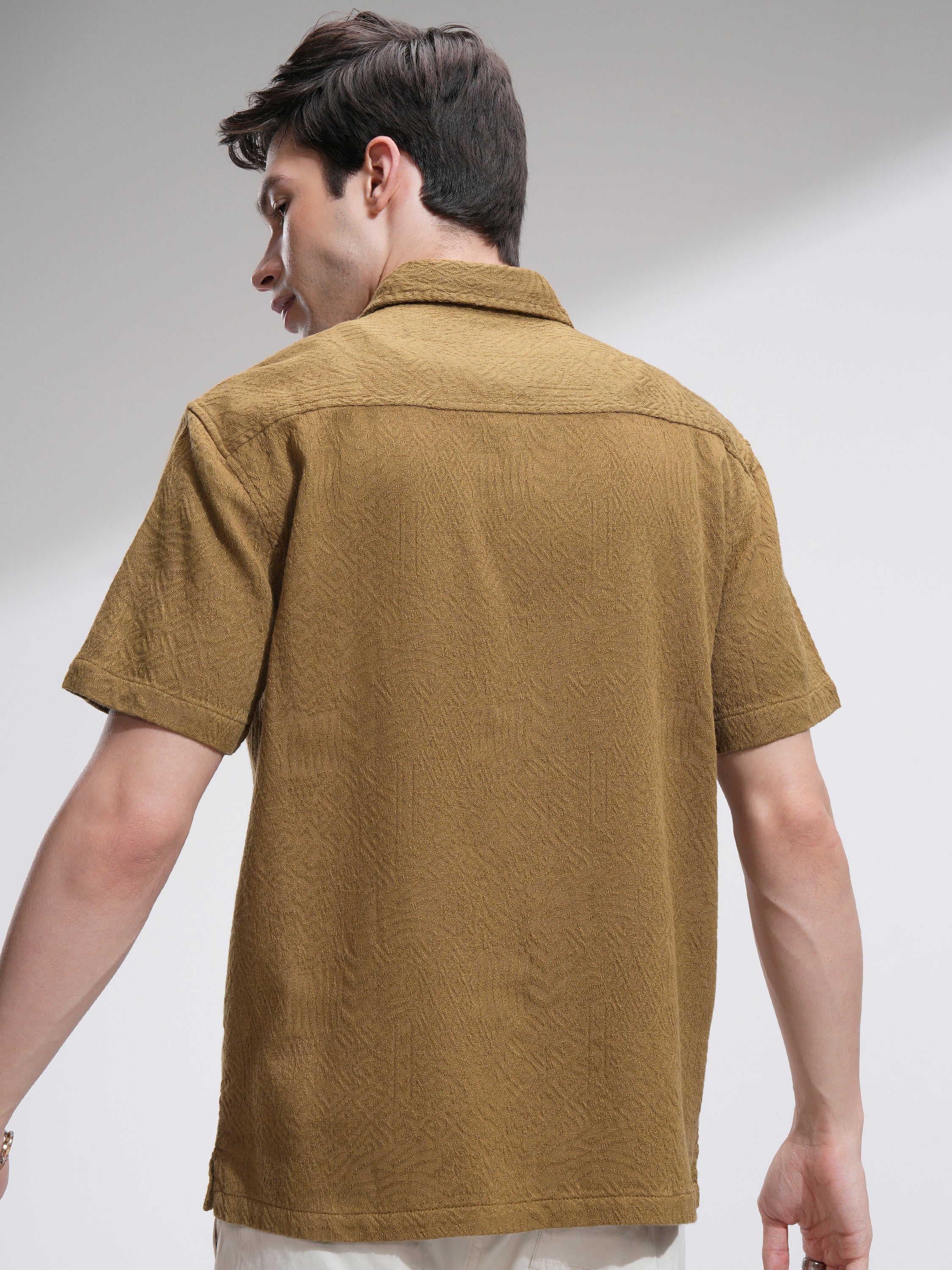Highlander Men Mustard Self Design Oversized Fit Casual Shirt - Mustard - Image 3