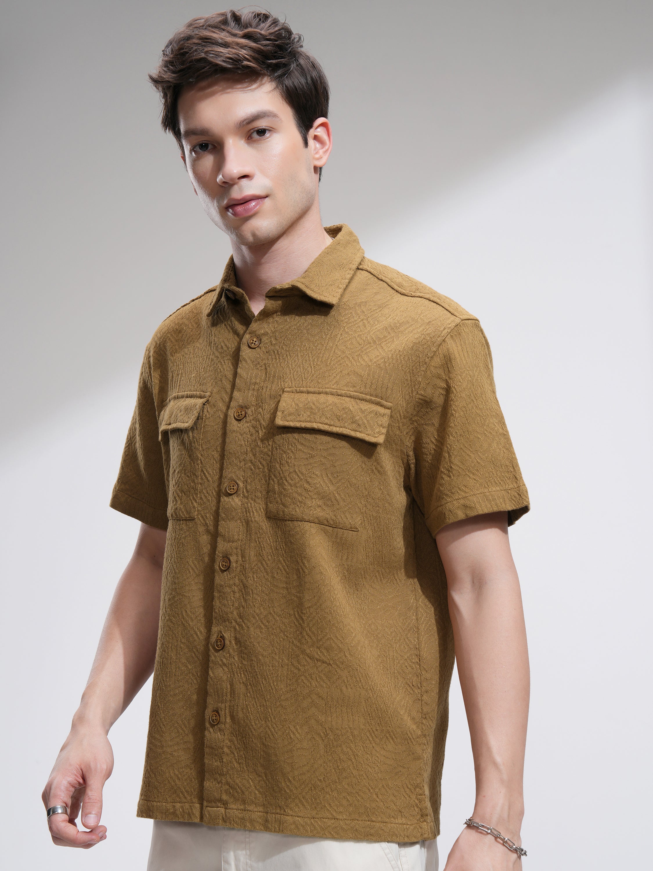 Highlander Men Mustard Self Design Oversized Fit Casual Shirt - Mustard - Image 4