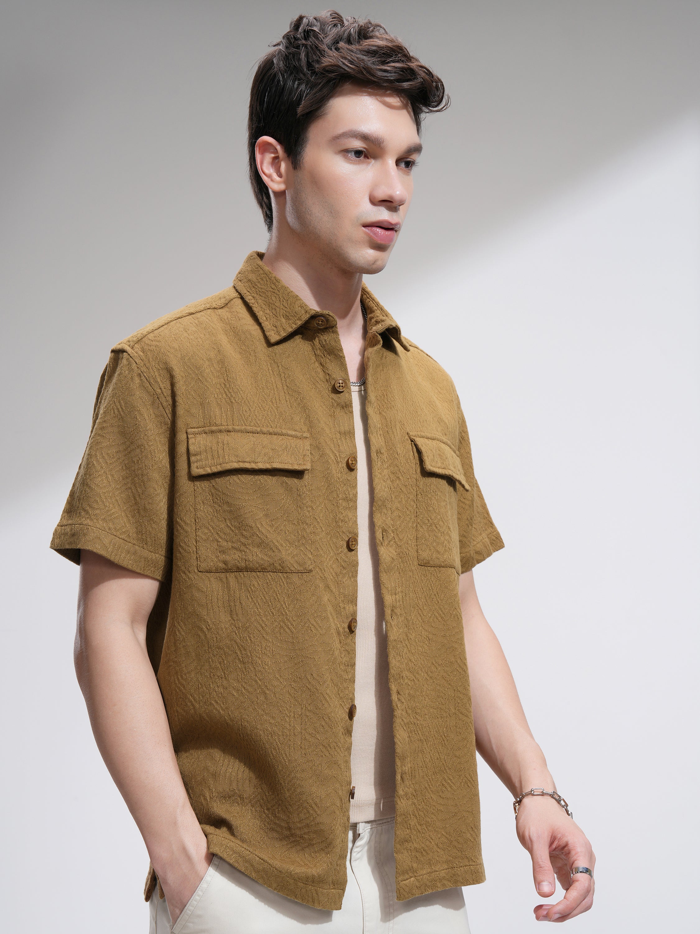 Highlander Men Mustard Self Design Oversized Fit Casual Shirt - Mustard - Image 6