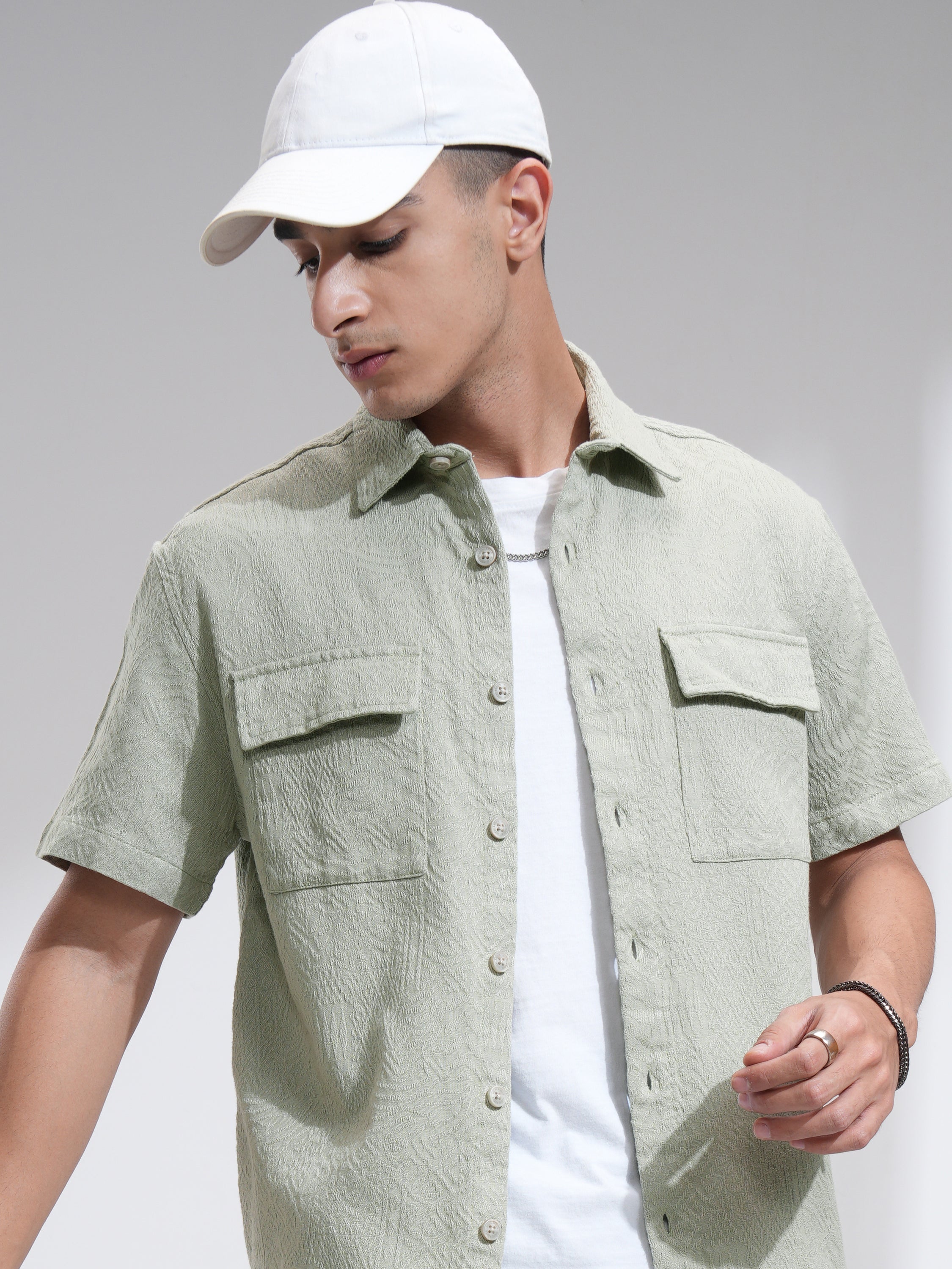 Highlander Men Green Self Design Oversized Fit Casual Shirt - Green - Image 1