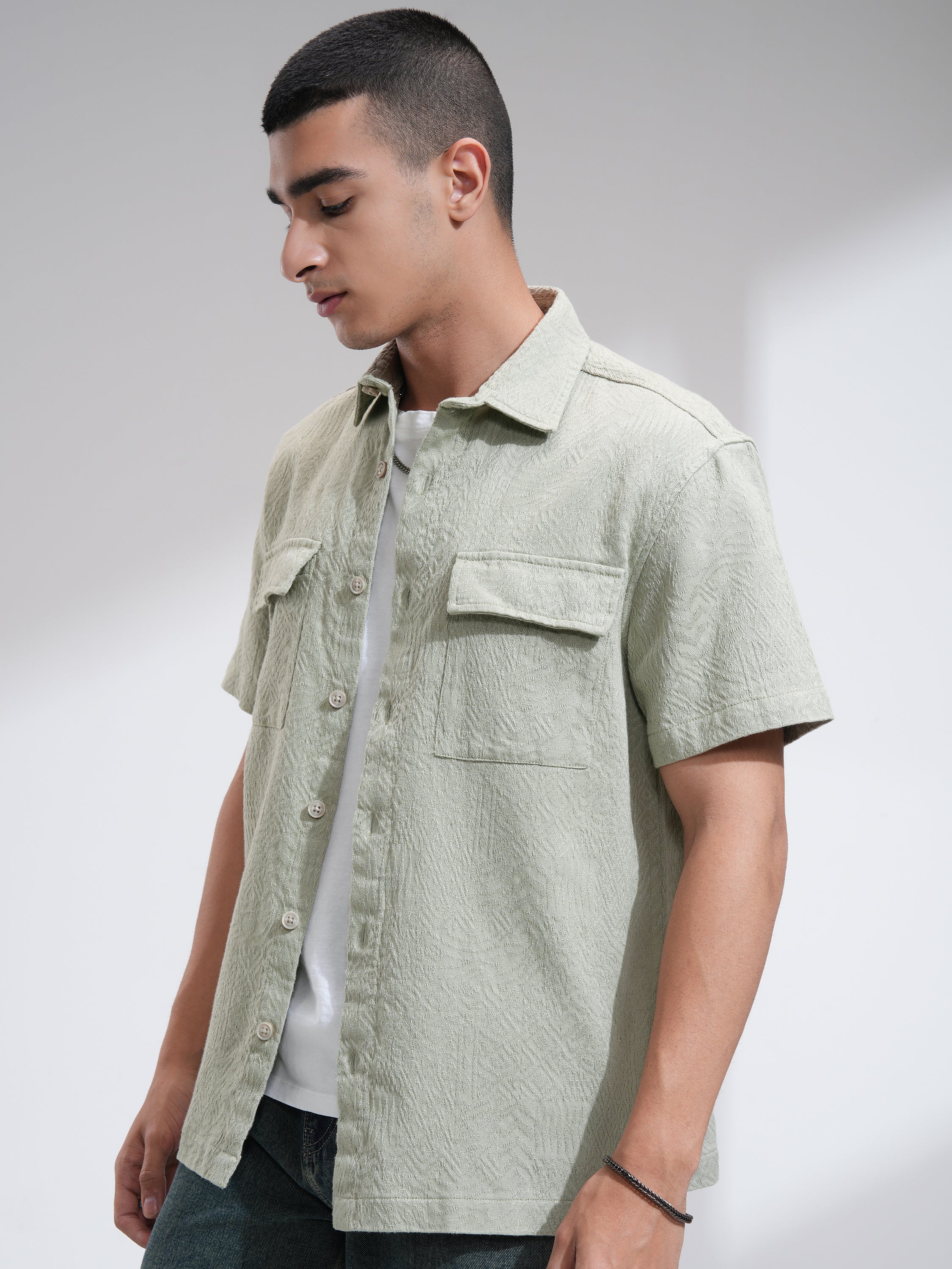 Highlander Men Green Self Design Oversized Fit Casual Shirt - Green - Image 4