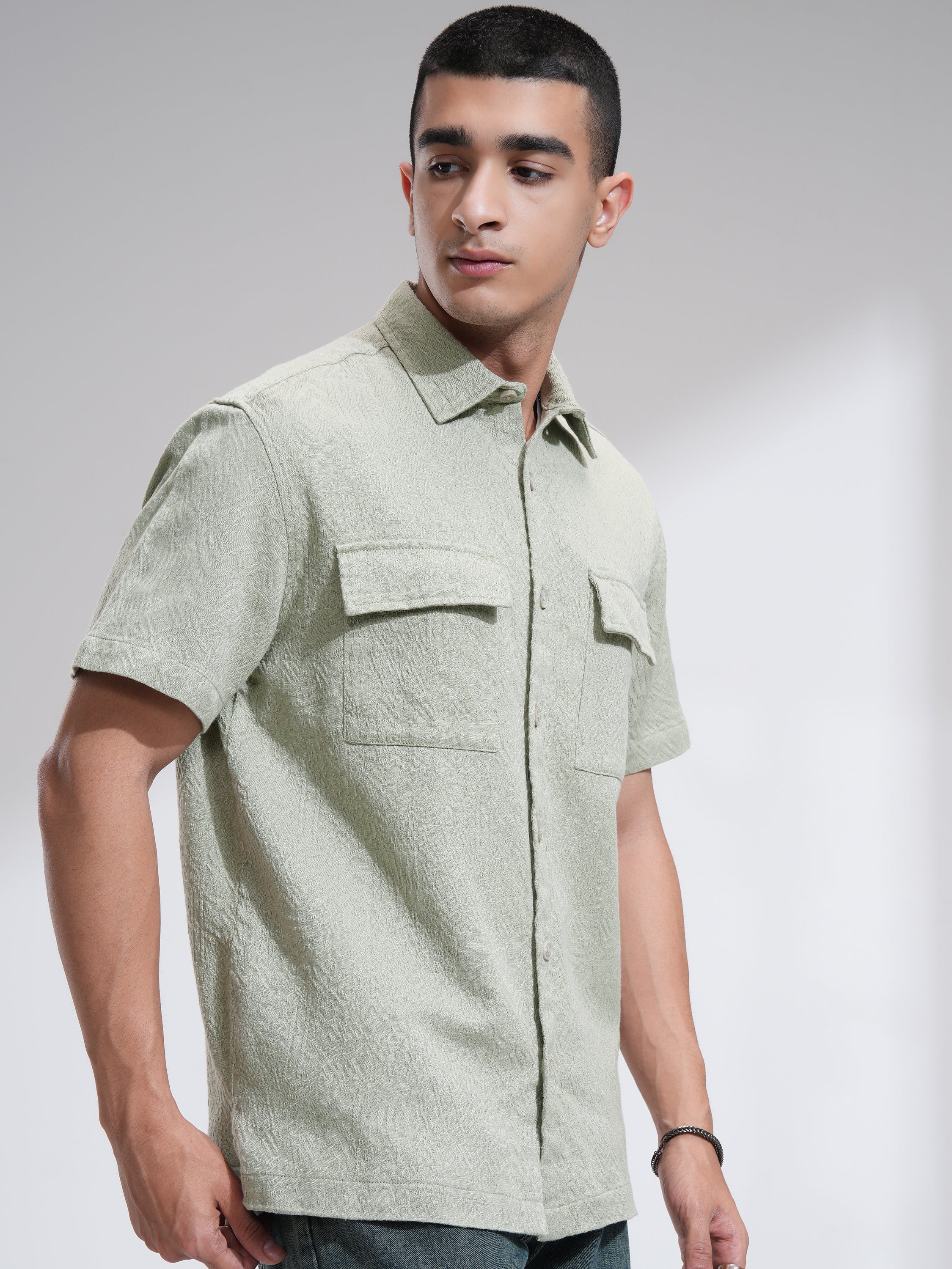 Highlander Men Green Self Design Oversized Fit Casual Shirt - Green - Image 6