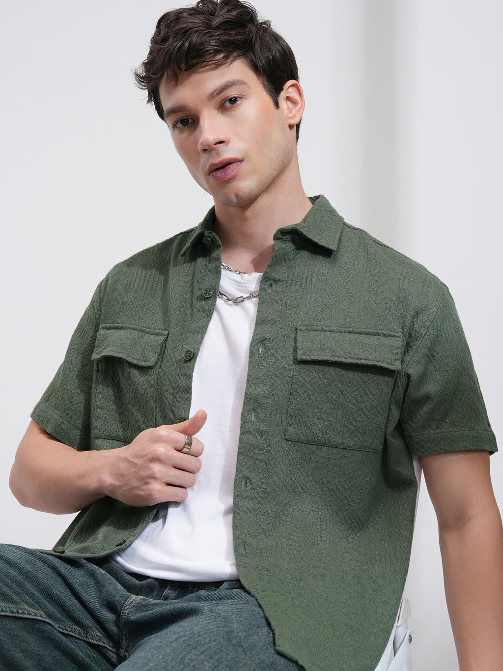 Highlander Men Olive Self Design Oversized Fit Casual Shirt - Olive - Image 1