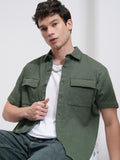 Highlander Men Olive Self Design Oversized Fit Casual Shirt - Olive - Image 1